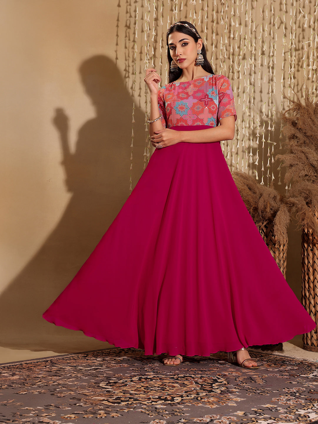 Women's Multicolored-Base-Dark Pink Boat Neck Half Sleeve Geometric Fit & Flare Georgette Maxi Dress