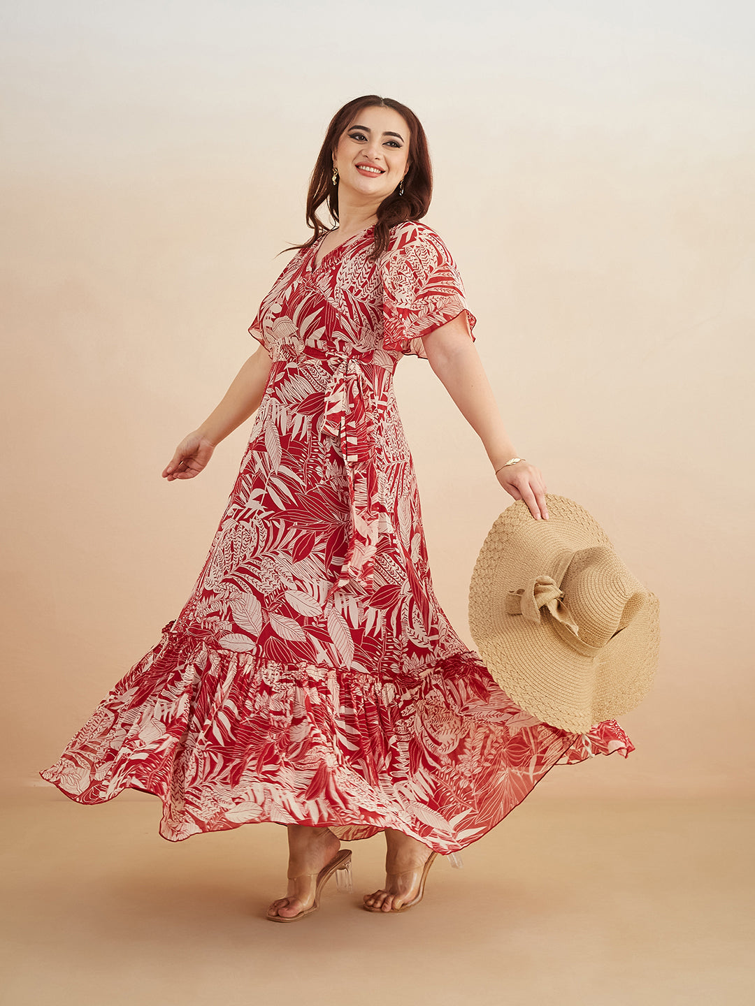 Multicolored-Base-Maroon V Neck Flared Sleeve Floral Wrap Maxi Dress for Women