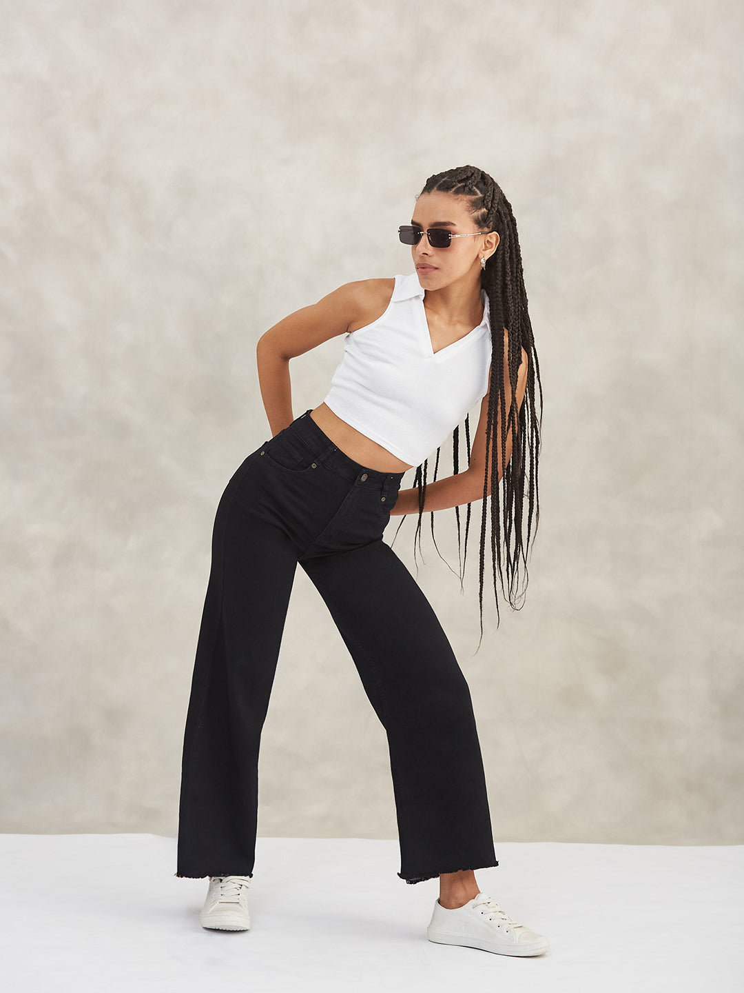 Women's Black High-Rise Stretchable Wide-Leg Denim Jeans