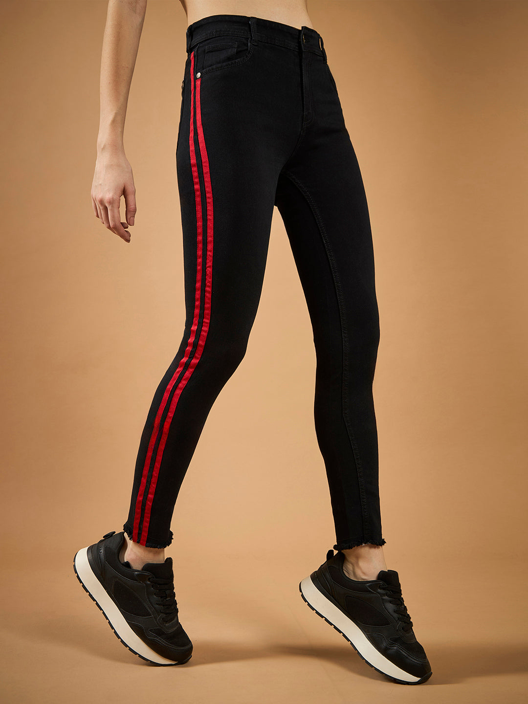 Women's Black Slim Fit High-Rise Clean-Look Regular-Length twill Tape Detailing Stretchable Denim Jeans