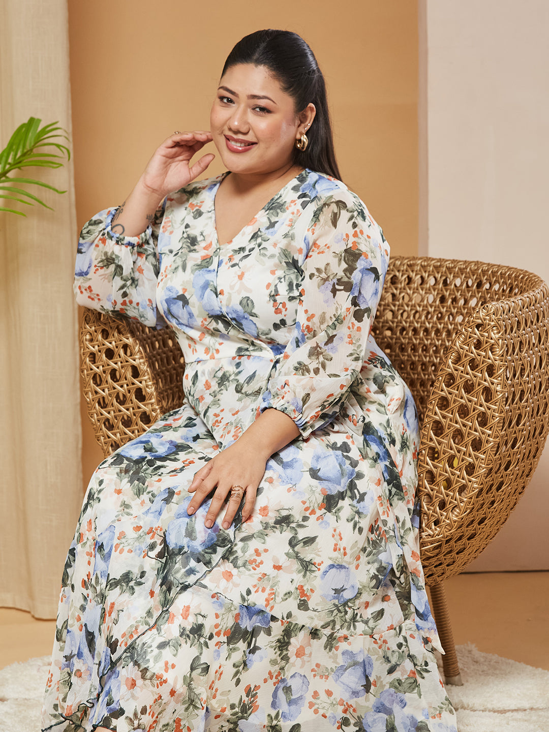 Multicolored-Base-Off White V-Neck Three-Quarter-Sleeves Floral Wrap Chiffon Midi Dress for Women