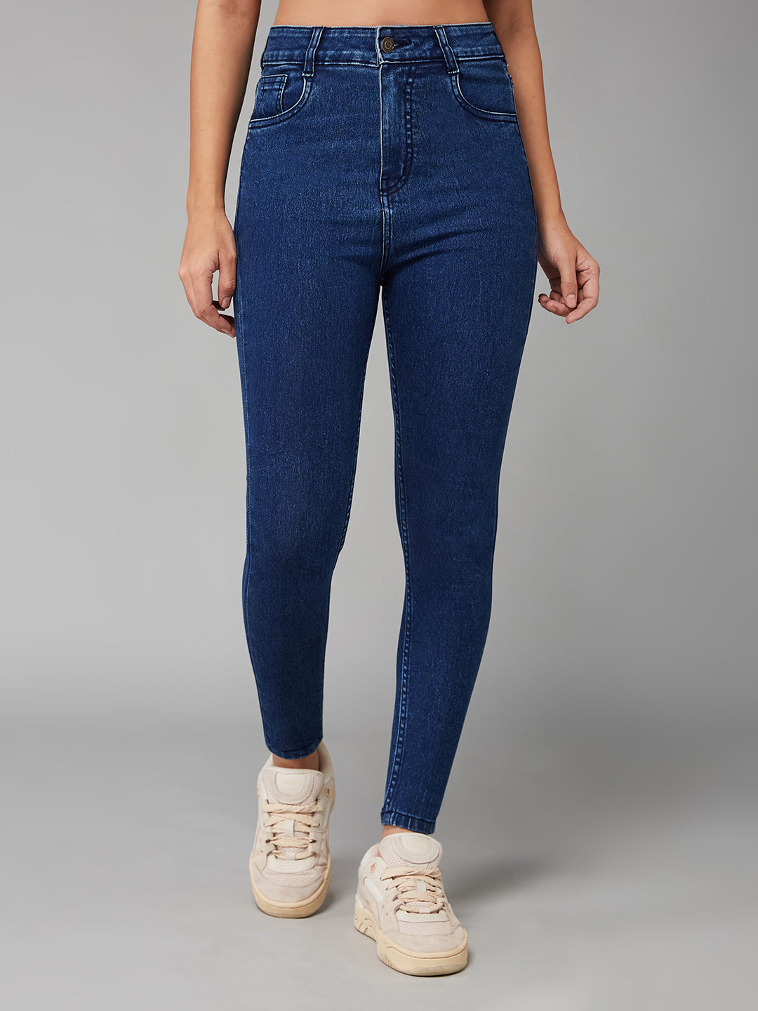Women's Blue Skinny-Fit High-Rise Clean-Look Cropped Stretchable Denim