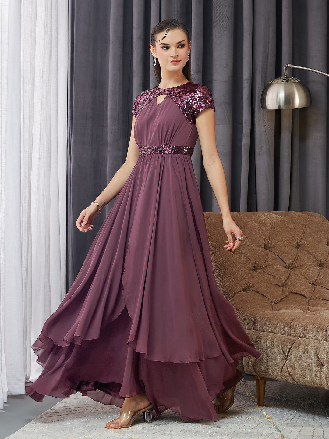 Women's Mauve Keyhole Short Sleeve Embellished Layered georgette Maxi Dress