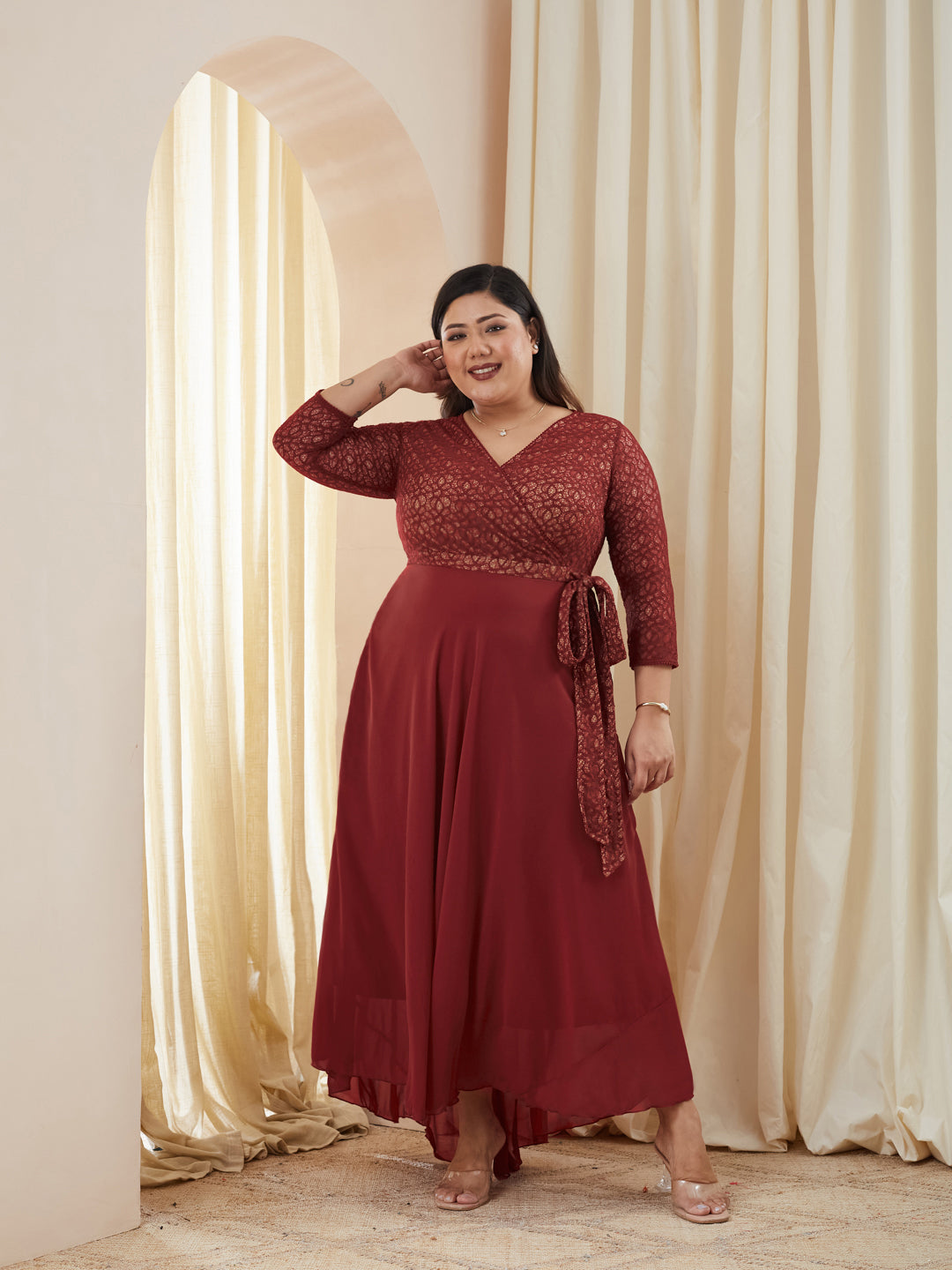 Maroon Floral Printed Relaxed Fit V-Neck 3/4th Sleeve Georgette Maxi Dress for Women