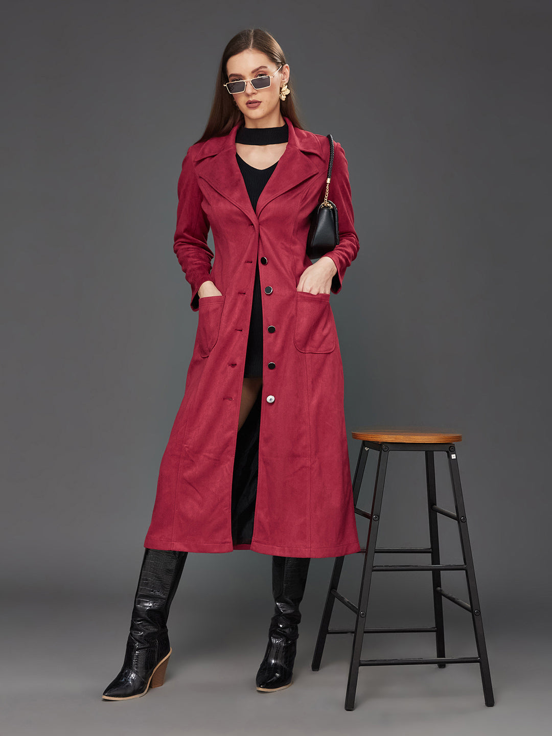 Women's Dark Red Solid V-Neck Full Sleeves Patched Pocketed Polyester Button Down Longline Winter Wear Blazer Jacket
