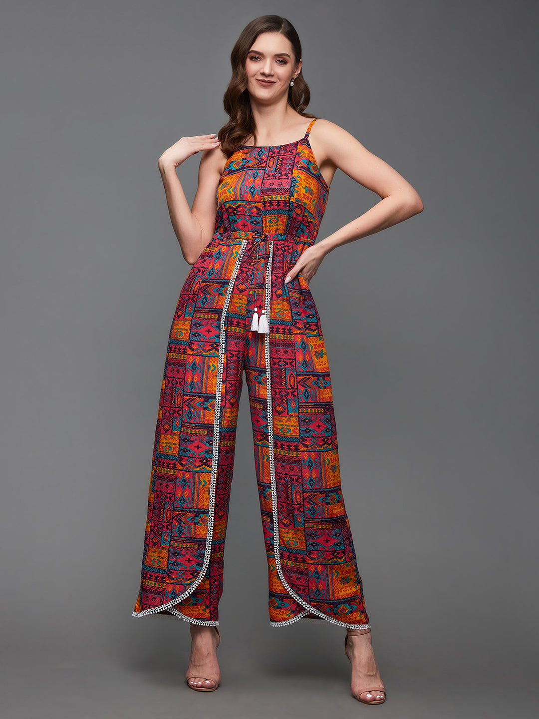 Women's Multicolored Square Neck Sleeveless Abstract Overlapped Regular-Length Rayon Jumpsuit