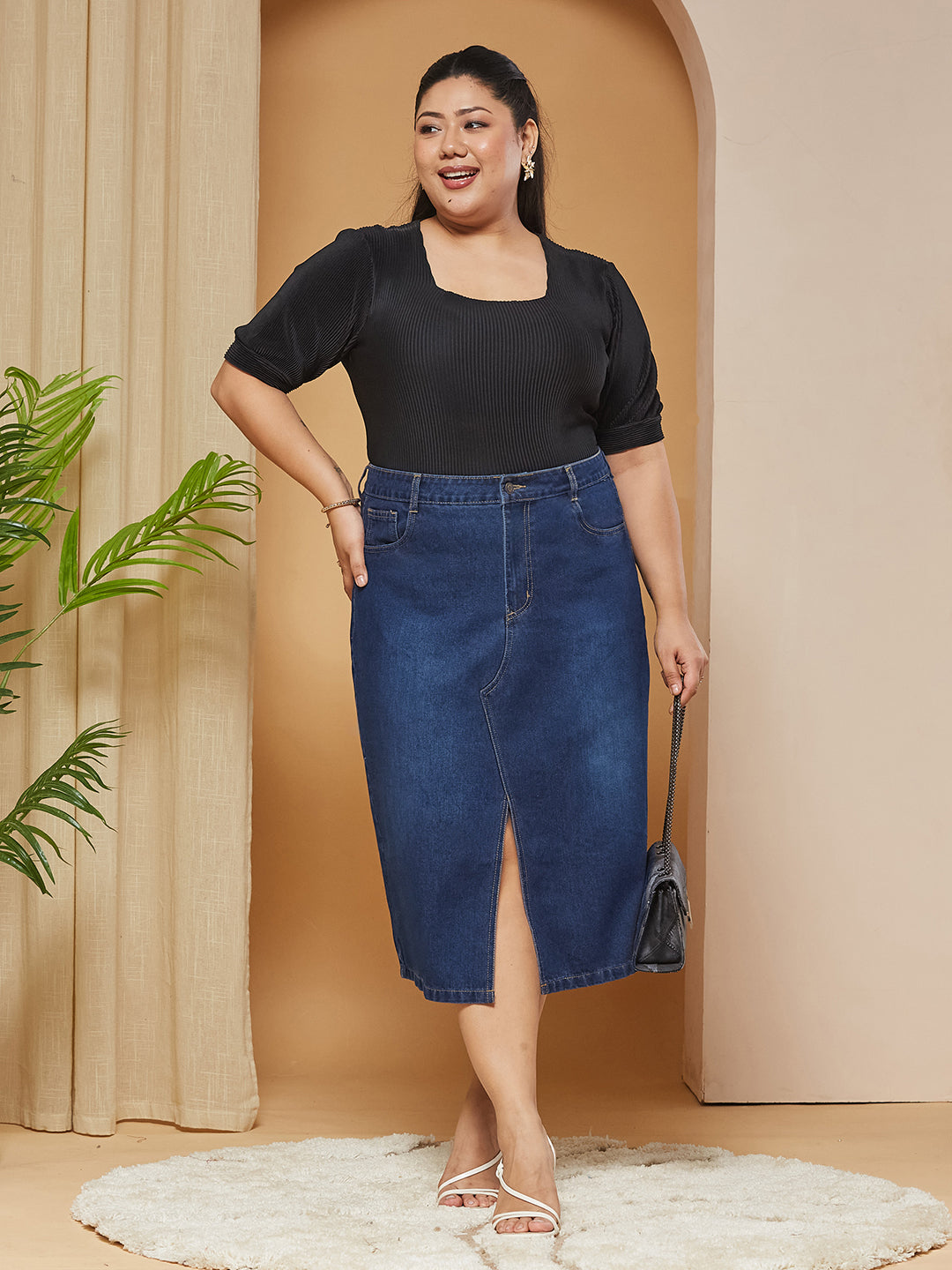 Dark Blue A-Line High-Rise Non-stretchable Denim Midi Skirt for Women