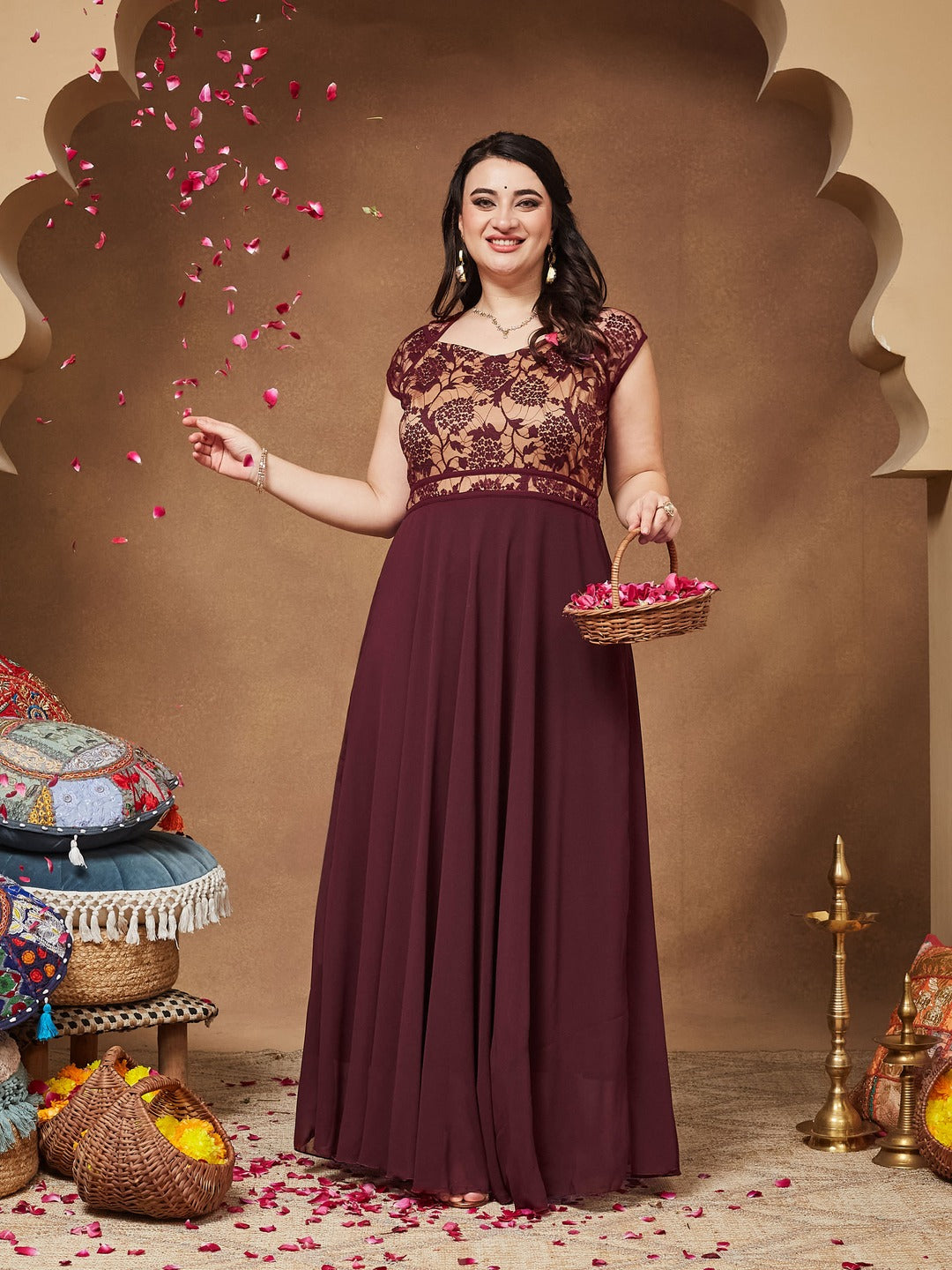 Wine & Beige Floral V - Neck Cap Short Sleeves Lace Overlaid Fit & Flare Paneled Maxi Dress for Women