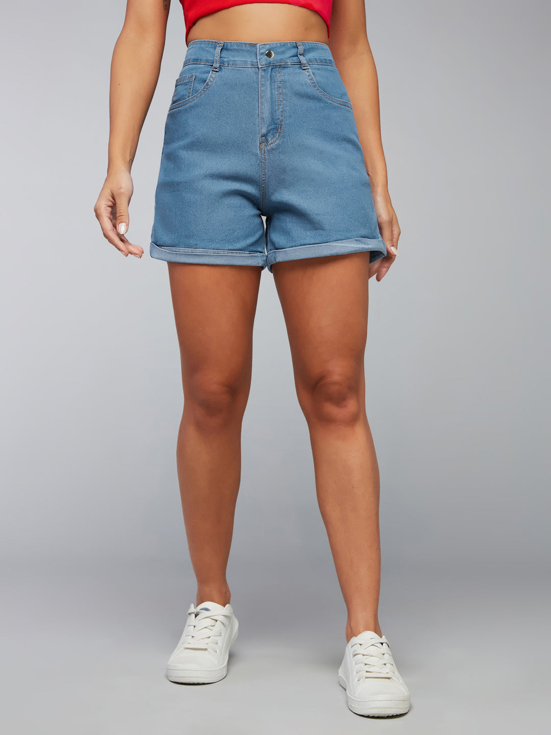 Women's Blue Relaxed Fit Clean-Look Light Weight Mid Rise Denim Shorts