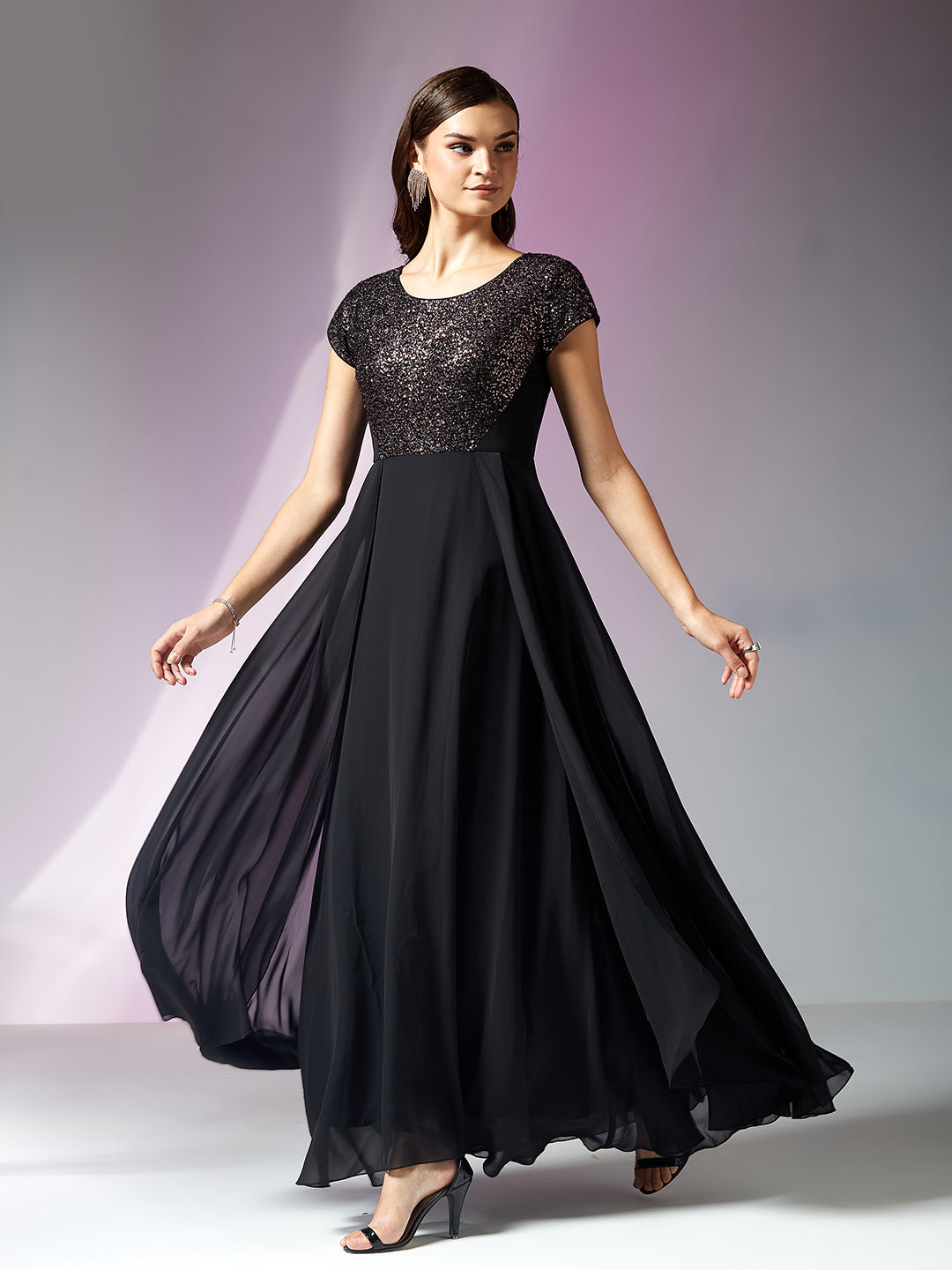 Women’s Black Round Neck Short Sleeve Embellished Fit & Flare Maxi Georgette Dress for Women