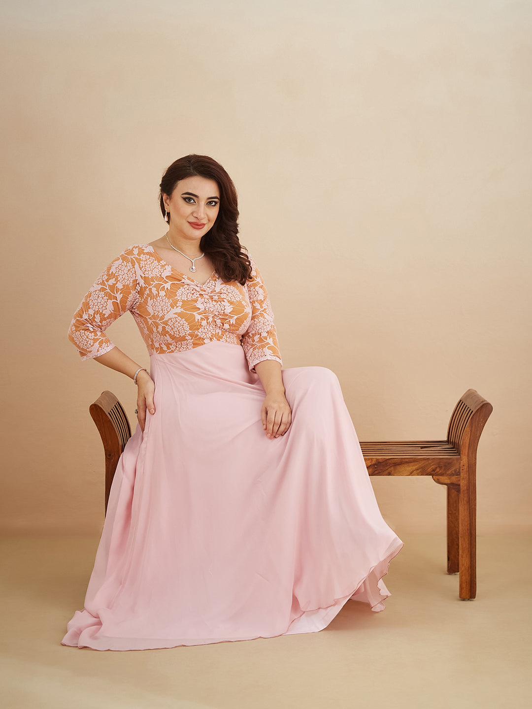 Dusty Pink V-Neck Raglan-Sleeve Self-Designed Empire-Styled Georgette Maxi Dress for Women