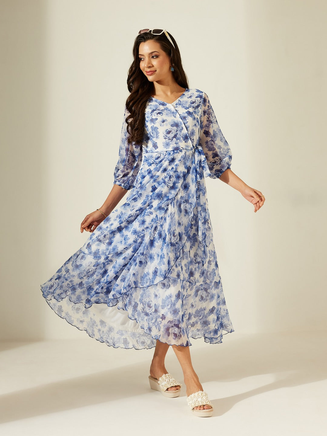 White V-Neck Three-Quarter Sleeve Floral Wrap Chiffon Midi Dress for Women