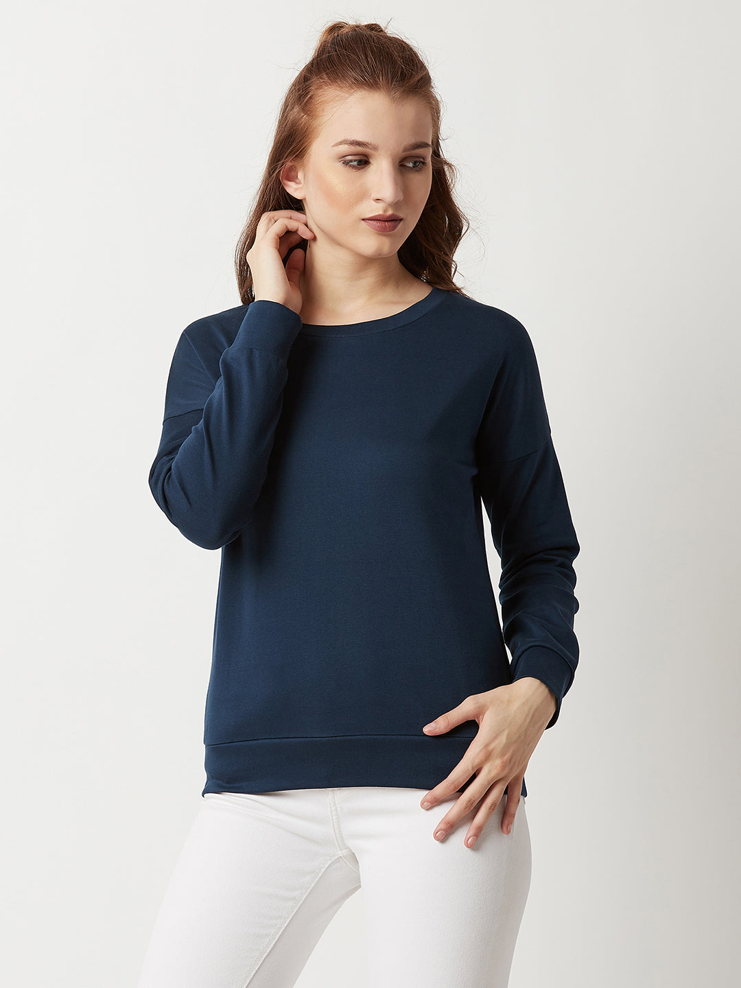 Navy-Blue Round Neck Solid Cotton Full Sleeves Boxy Sweatshirt for Women