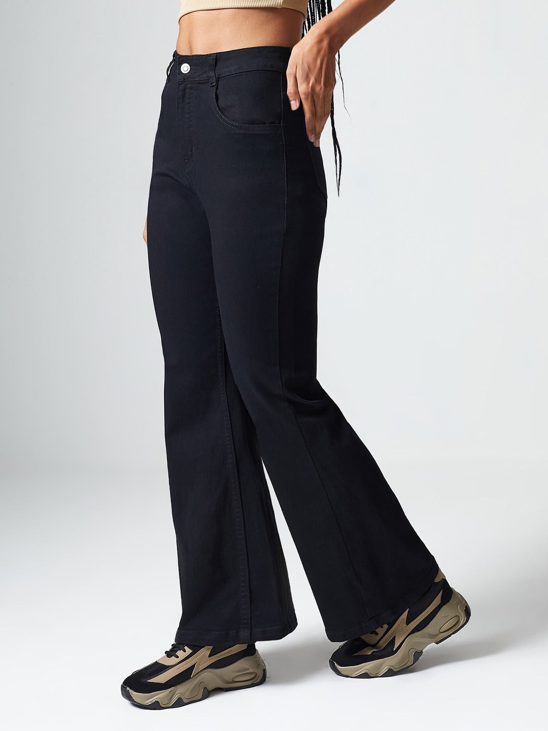 Black Bootcut High rise Clean look Regular Stretchable Denim Jeans for Women