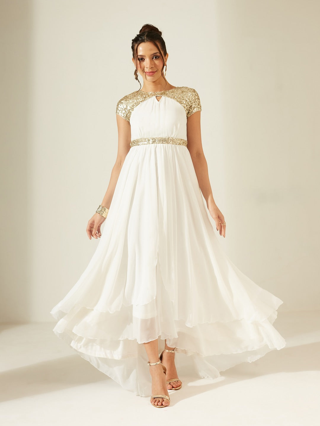 Off White Keyhole Neck Short Sleeve Embellished Layered Georgette Maxi Dress for Women