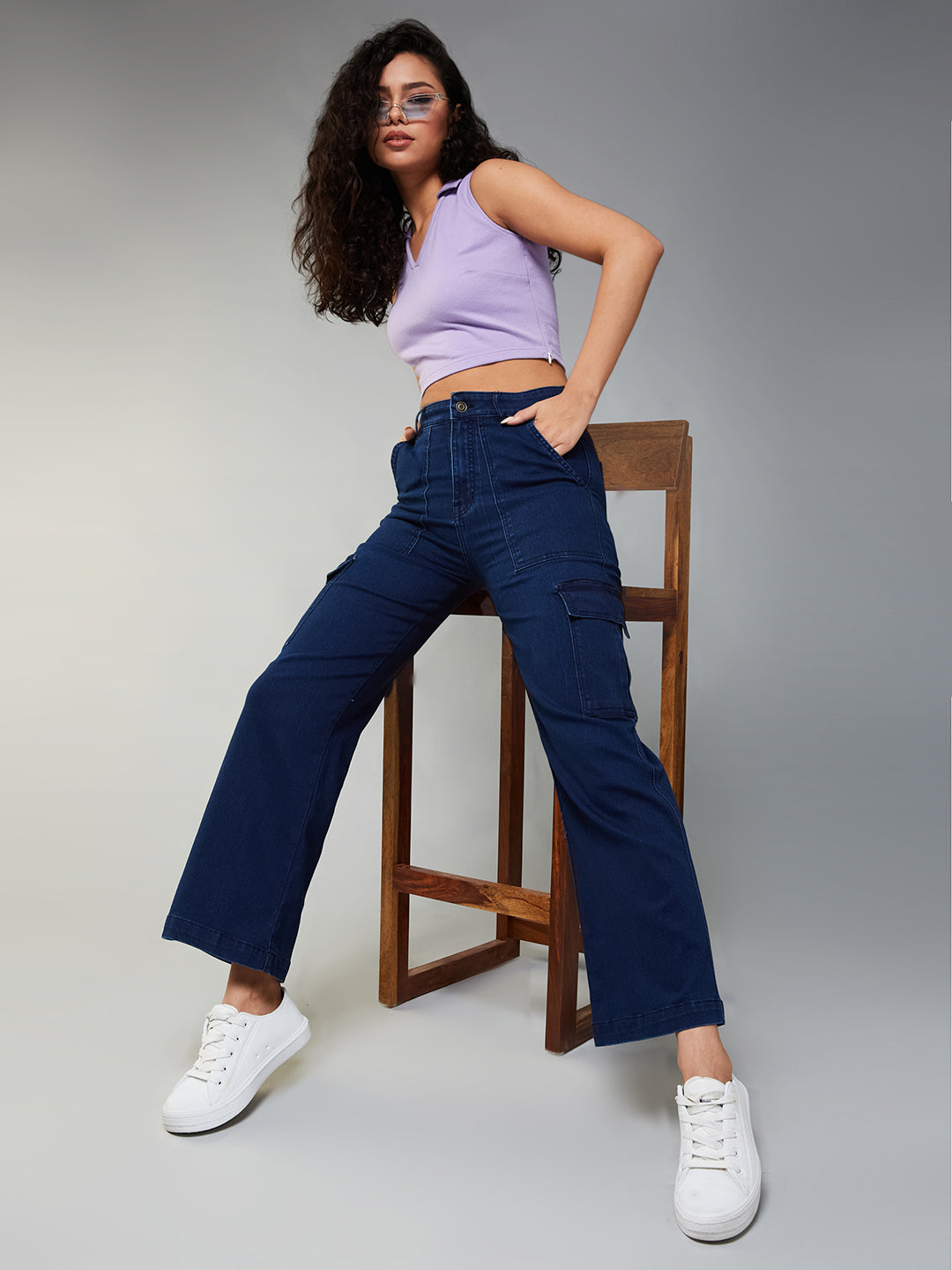 24/7 Comfort Navy Blue Wide-Leg High-Rise Clean-Look Regular-Length Stretchable Denim Cargo Jeans