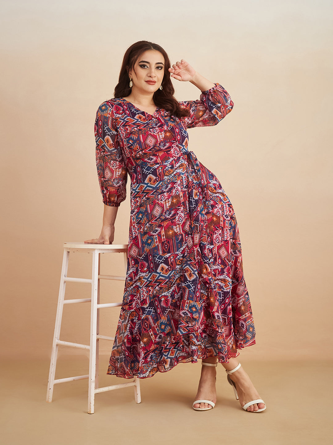 Women's Multicolored V-Neck Three-Quarter Sleeve Geometric Patterned Wrap Midi Chiffon Dress