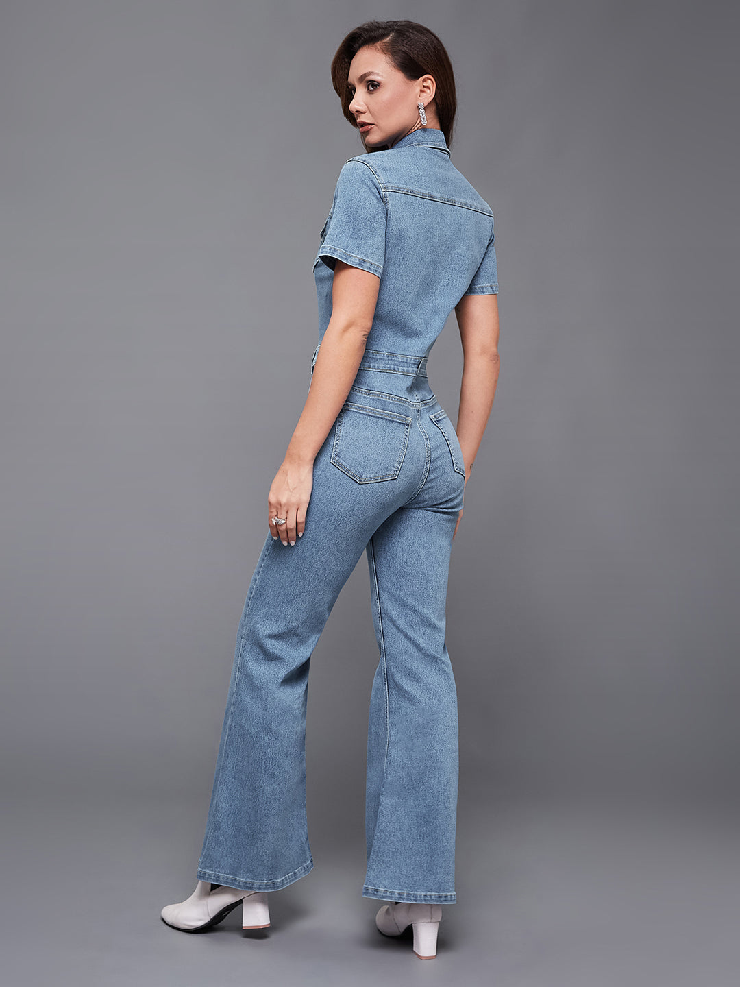 Women's Blue flared High-Rise Regular Stretchable Denim Jumpsuit