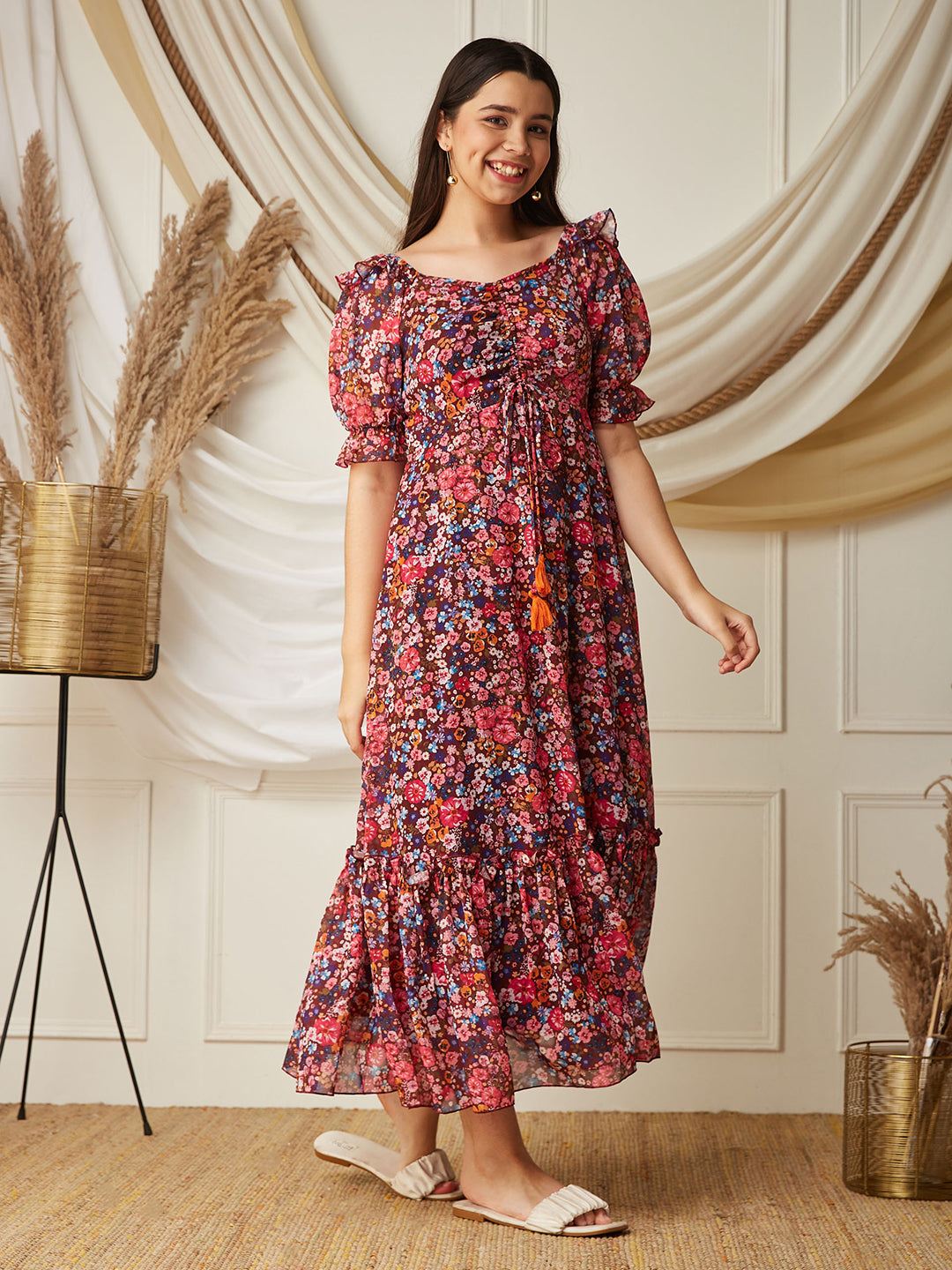 Multicolored-Base-Wine V-Neck Puff Sleeve Floral Ruching Ankle-Length Dress