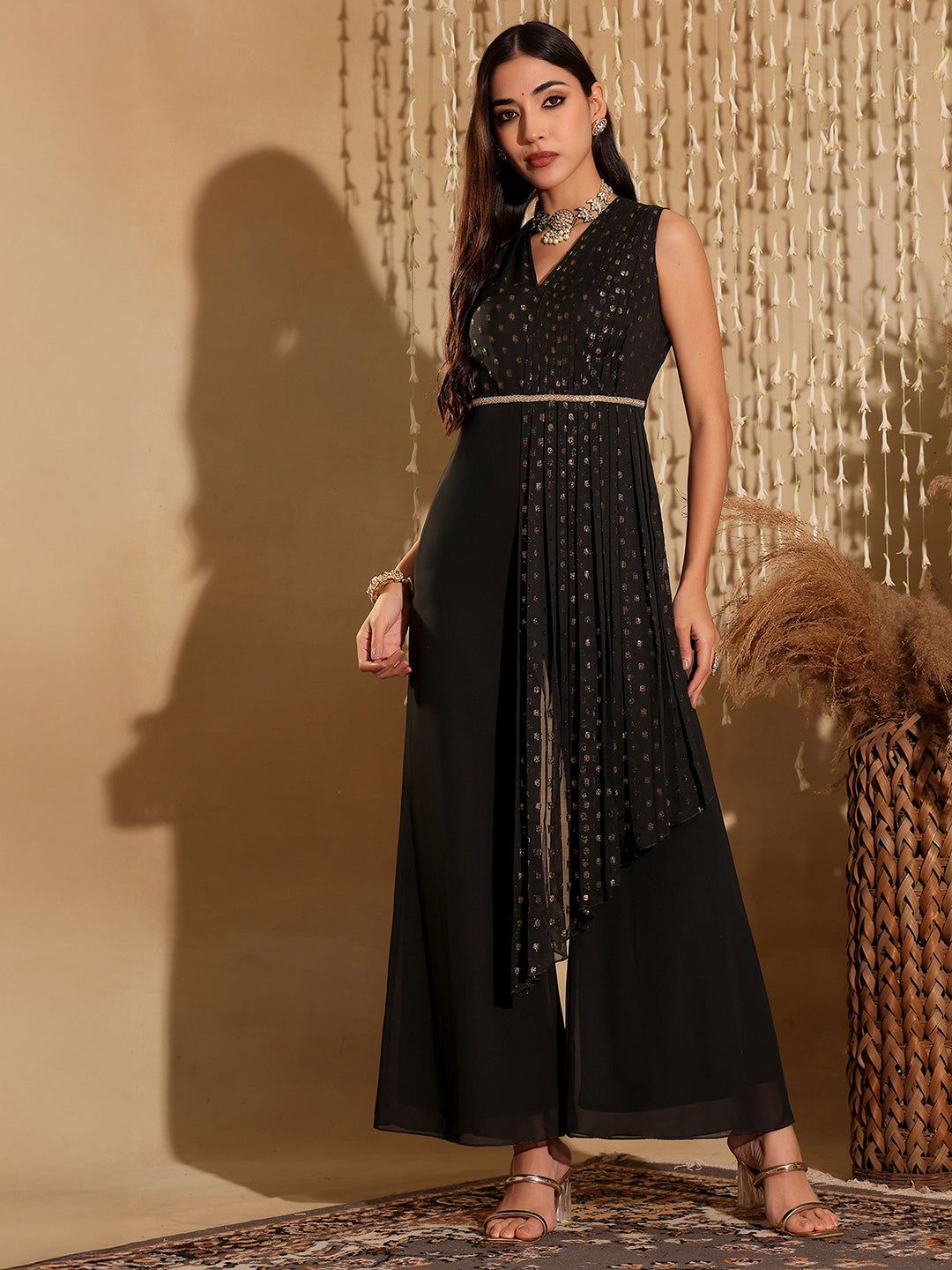 Women's Black Self Design V Neck Sleeveless Polyester Pleated Regular Length Jumpsuit