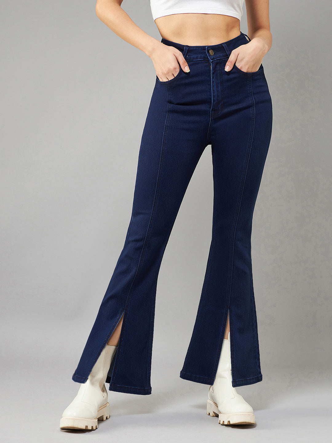 24/7 Comfort Navy-Blue Bell-Bottom Bootcut Hourglass High-Rise Stretchable Slit Denim Jeans for Women