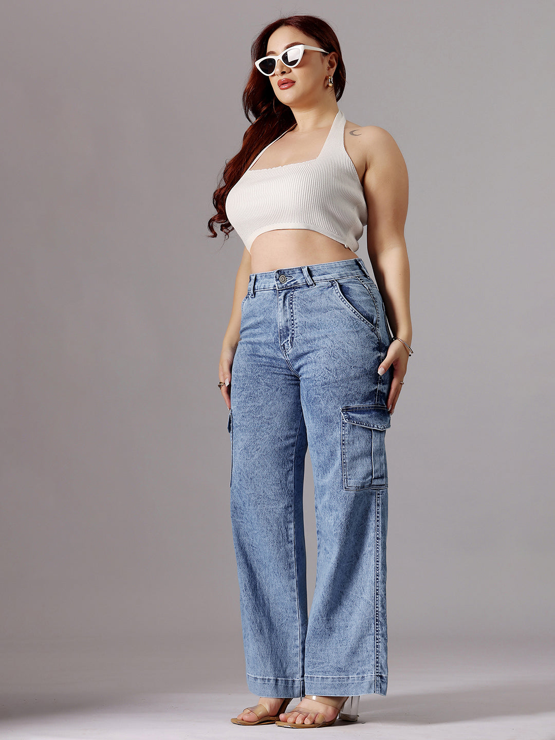 24/7 Comfort Light Blue Wide-Leg High-Rise Clean-Look Regular-Length Stretchable Flared Cargo Style Denim Jeans