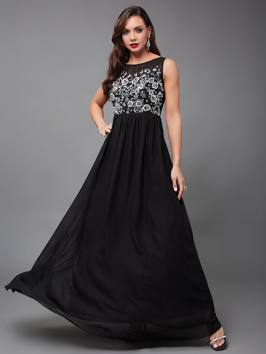 Women's Black Boat Neck Sleeveless Solid Embellished Maxi Dress