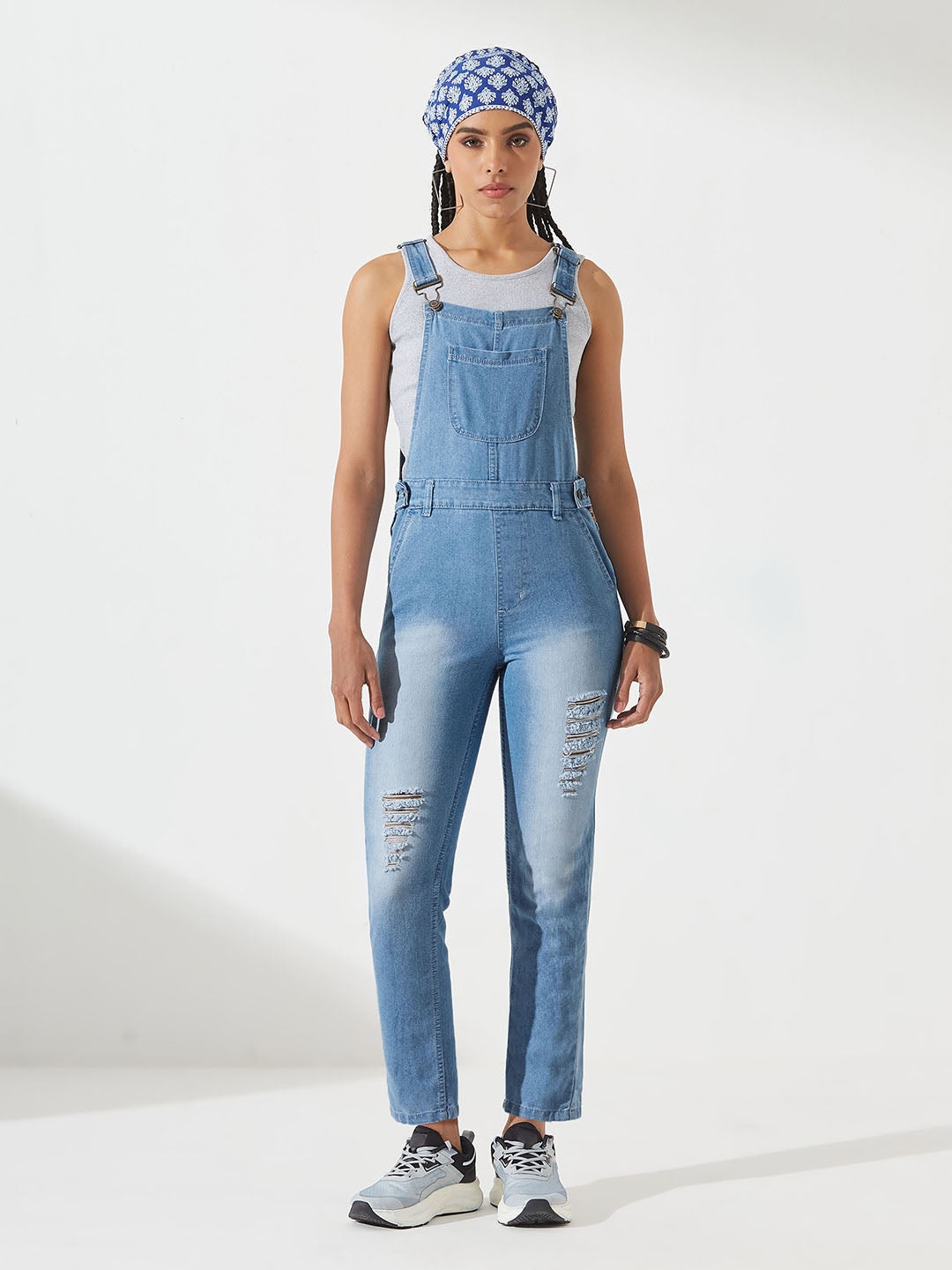 Light Blue Regular Fit Mid-Rise Ripped Denim Dungaree for Women