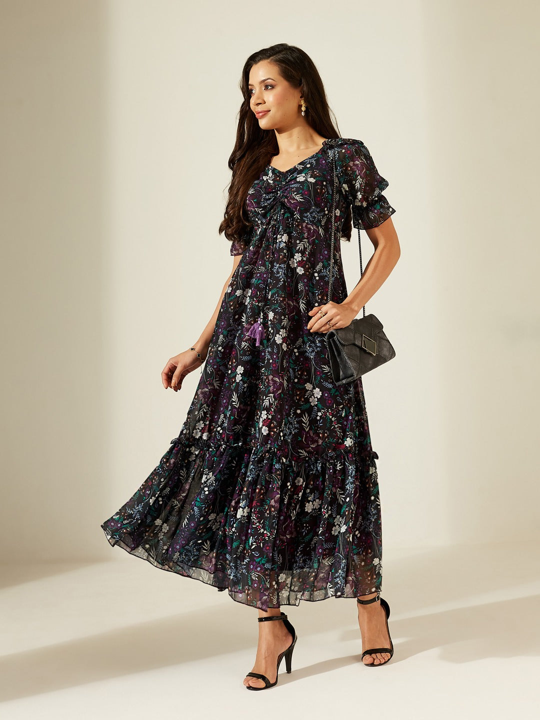 Black Sweetheart-Neck Puffed Sleeve Floral Ruching Georgette Maxi Dress for Women