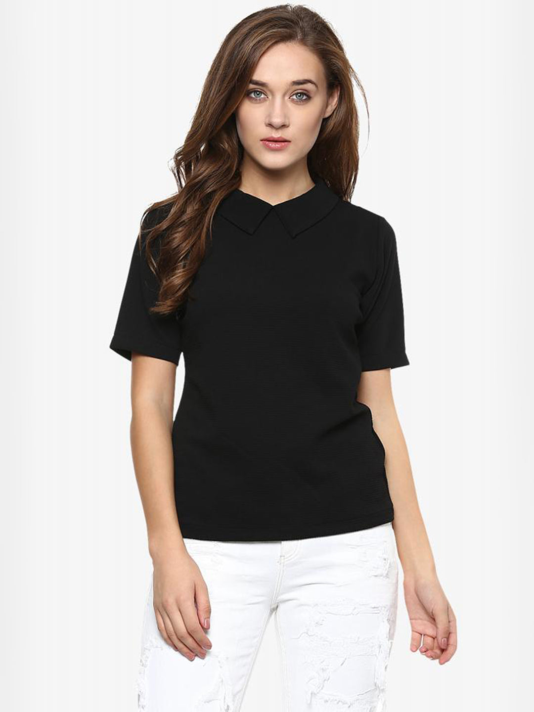 Women's Black Solid Short Sleeve Round Neck Collared Tops