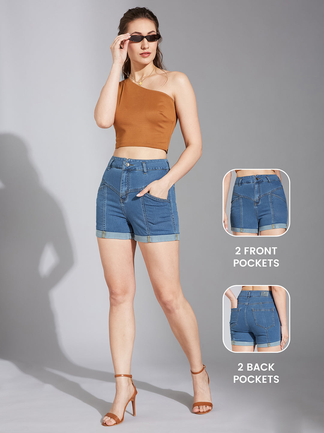 Blue Relaxed-Fit High-Rise Clean-Look Stretchable Blue Denim Shorts for Women