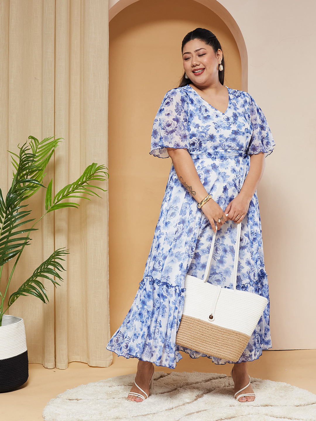 Multicolored Floral Wrap Chiffon Maxi Dress with White Base & Flutter-Sleeves for Women