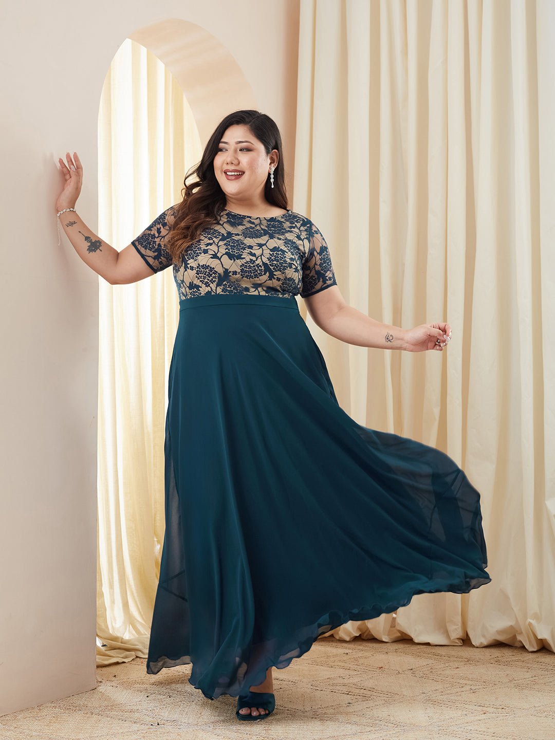 Teal Round Neck Half Sleeve Self Design Fit & Flare Georgette Maxi Dress for Women