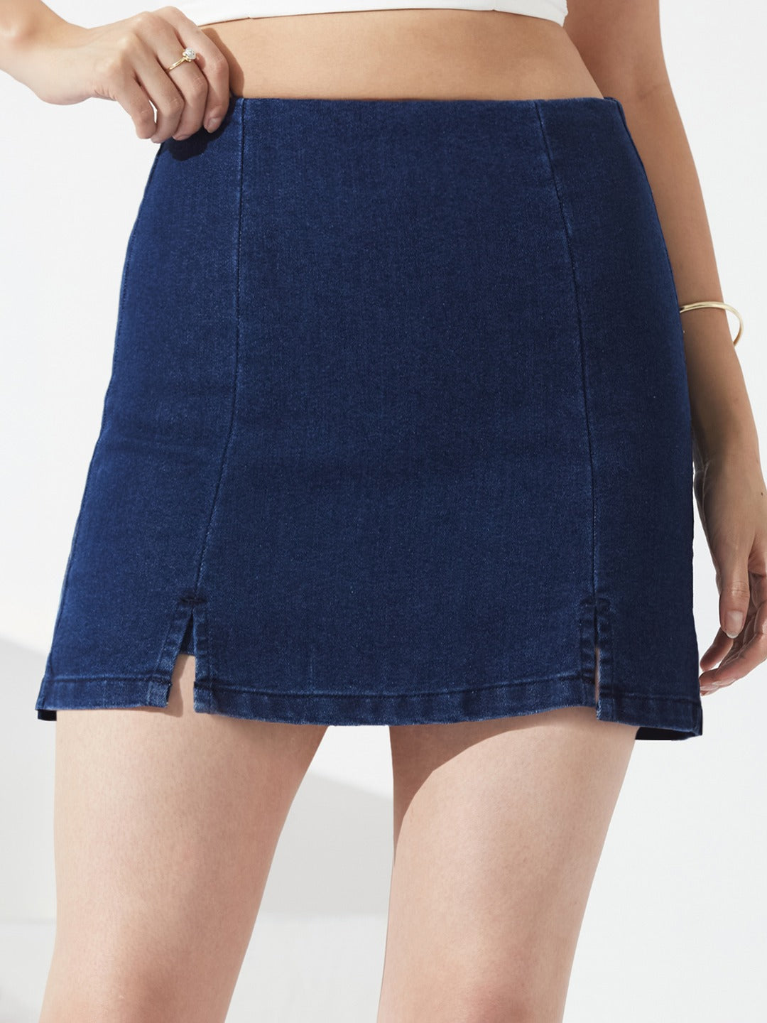Blue high-rise Mini Stretchable Denim Skorts for Women