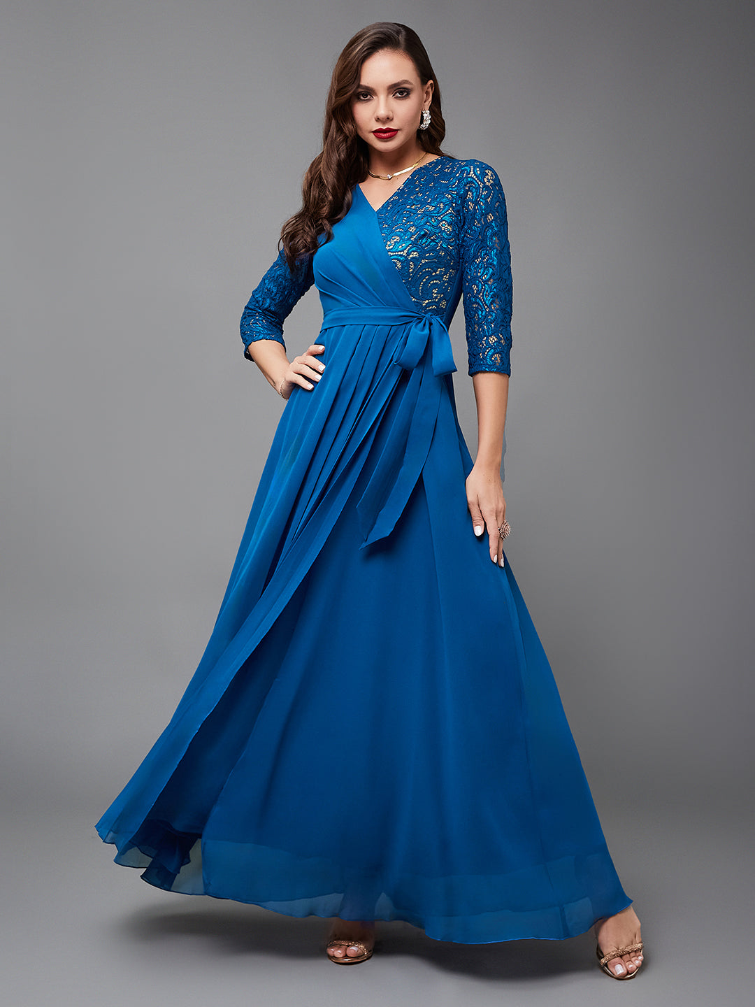 Women's Royal Blue V-Neck 3/4 Sleeve Self-Designed Wrap-Styled Georgette Maxi Dress