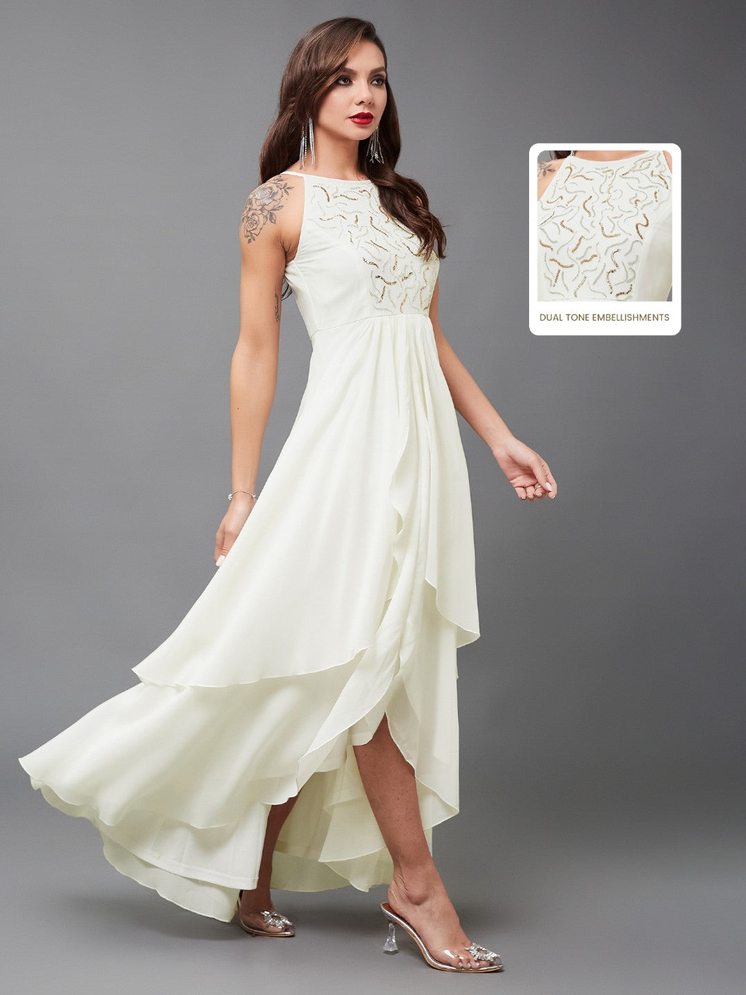 Women's Off White Round Neck Sleeveless Solid Sequined Embroidery Maxi Dress