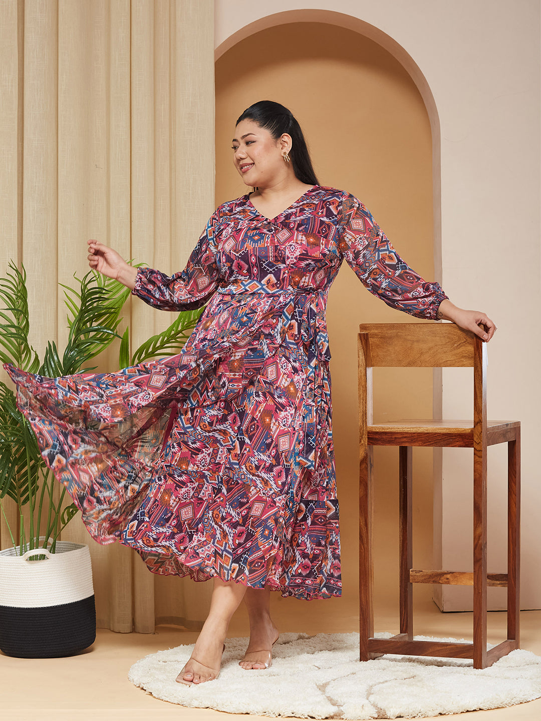 Multicolored V-Neck Three-Quarter-Sleeves Geometric Patterned Wrap Midi Chiffon Dress for Women