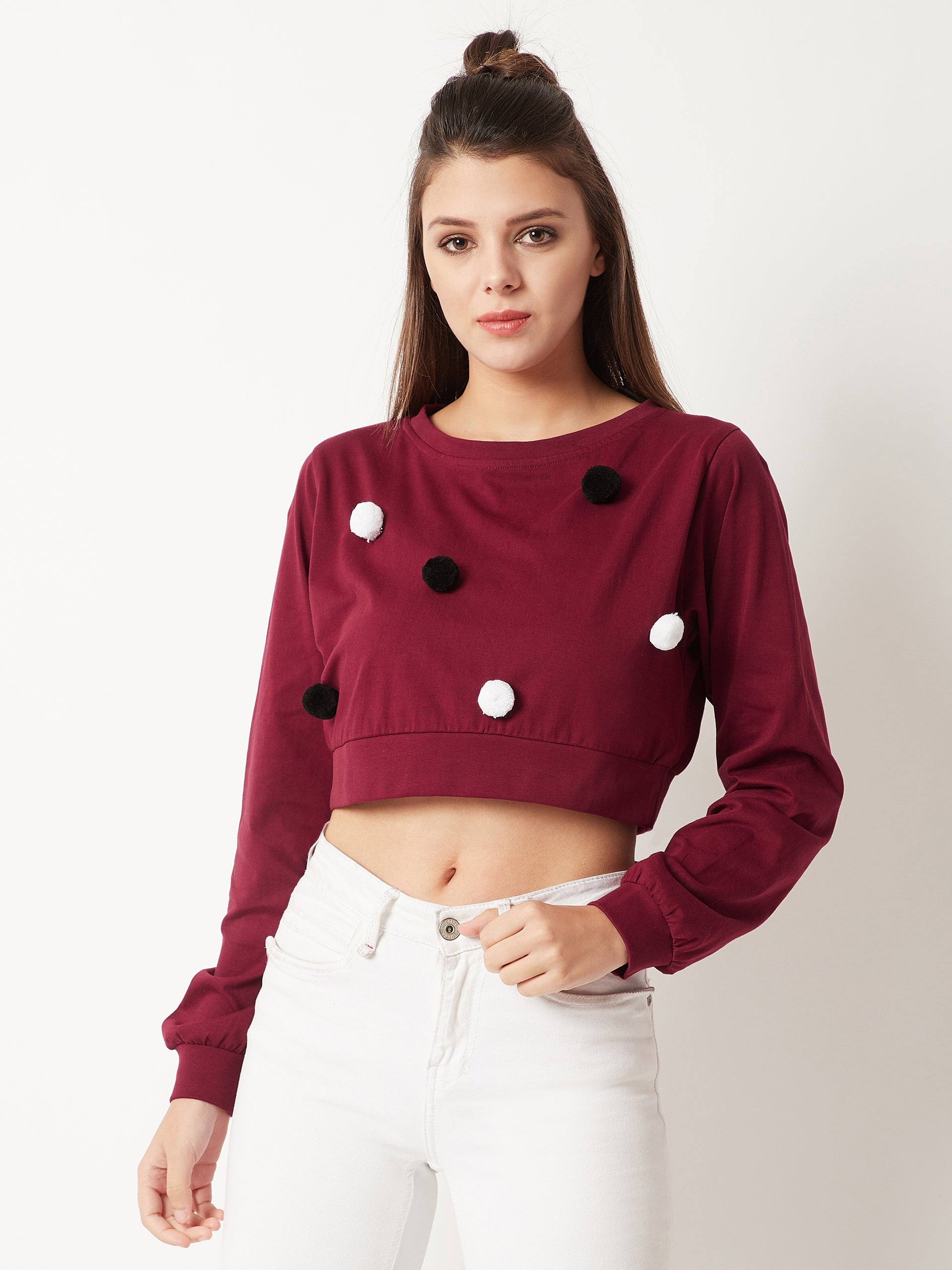 Women's Maroon Round Neck Full Sleeve Cotton Solid Pompom Detailing Boxy Crop Top