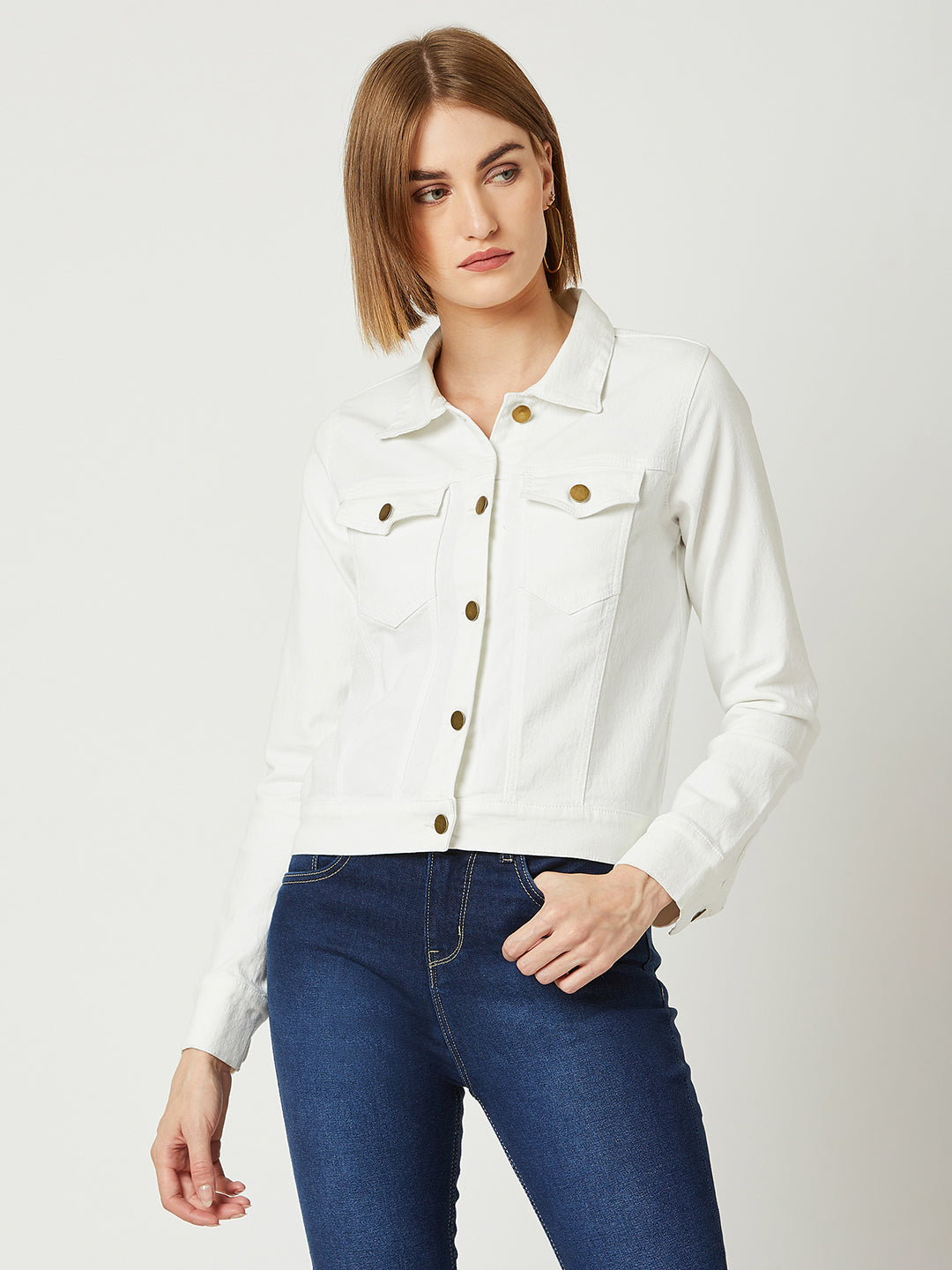 Women's White Polo Neck Full Sleeves Denim Solid Cropped Jacket