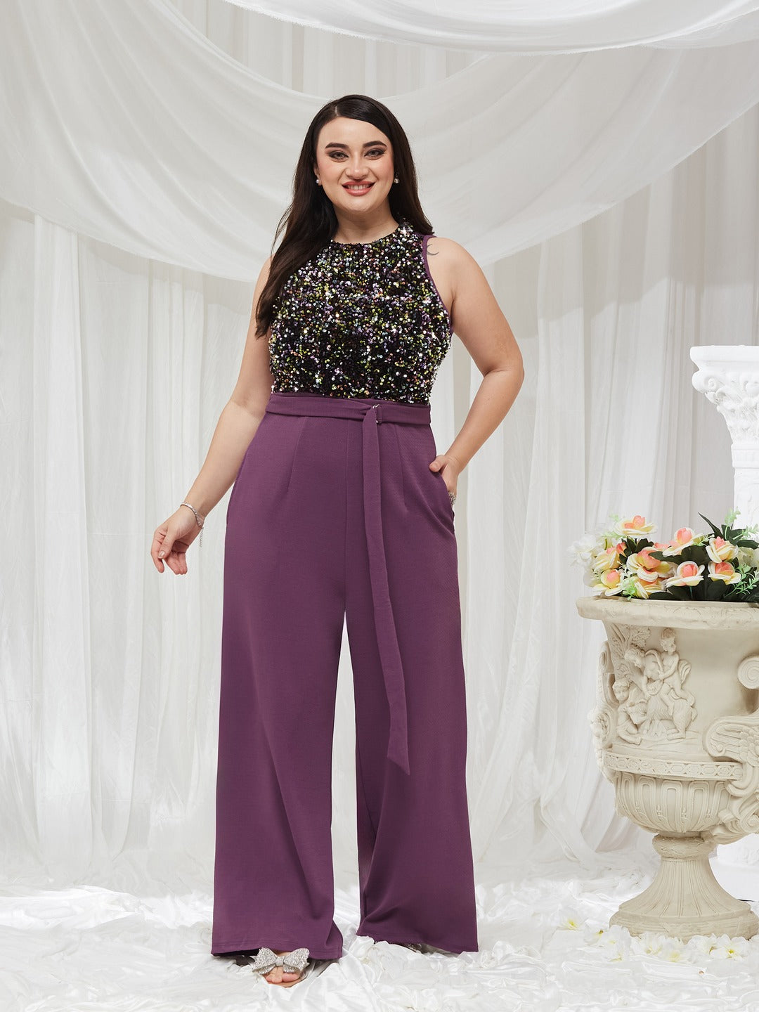 Lavender Halter Neck Sleeveless Embellished Regular-Length Jumpsuit for Women
