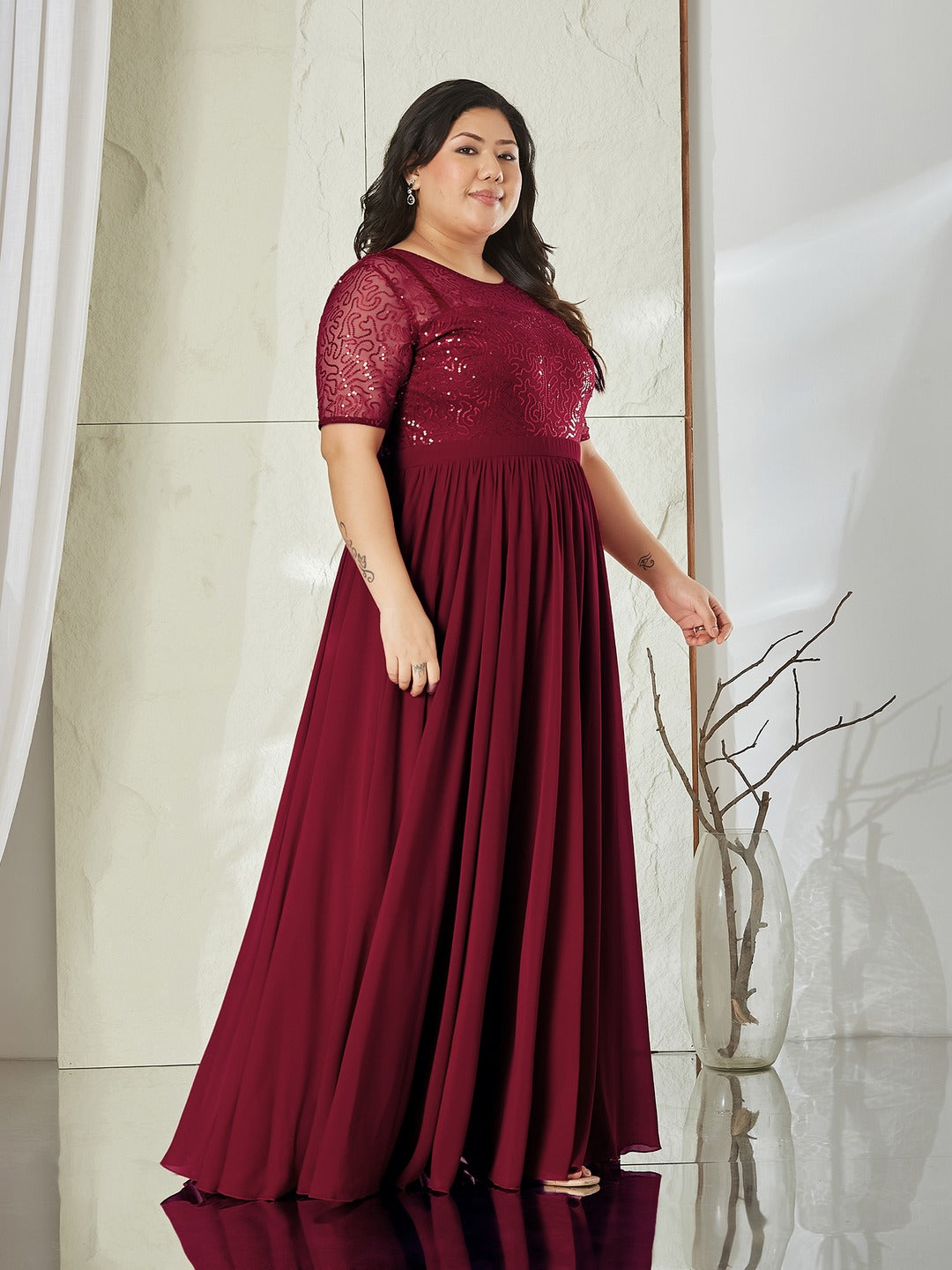 Maaroon Relaxed Fit Maxi Georgette & Sequins Dress for Women