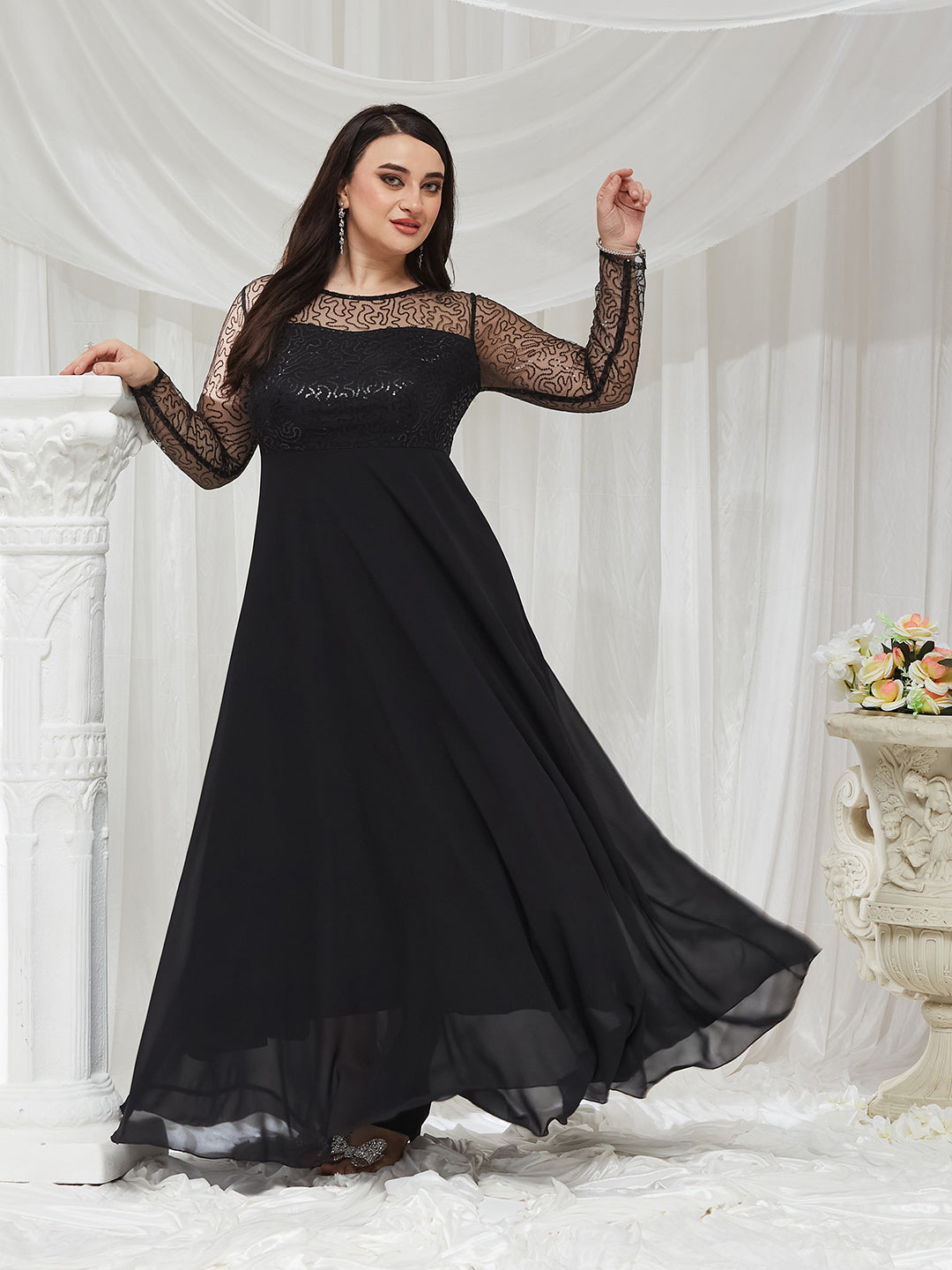Black Solid Embellished Maxi Dress for Women