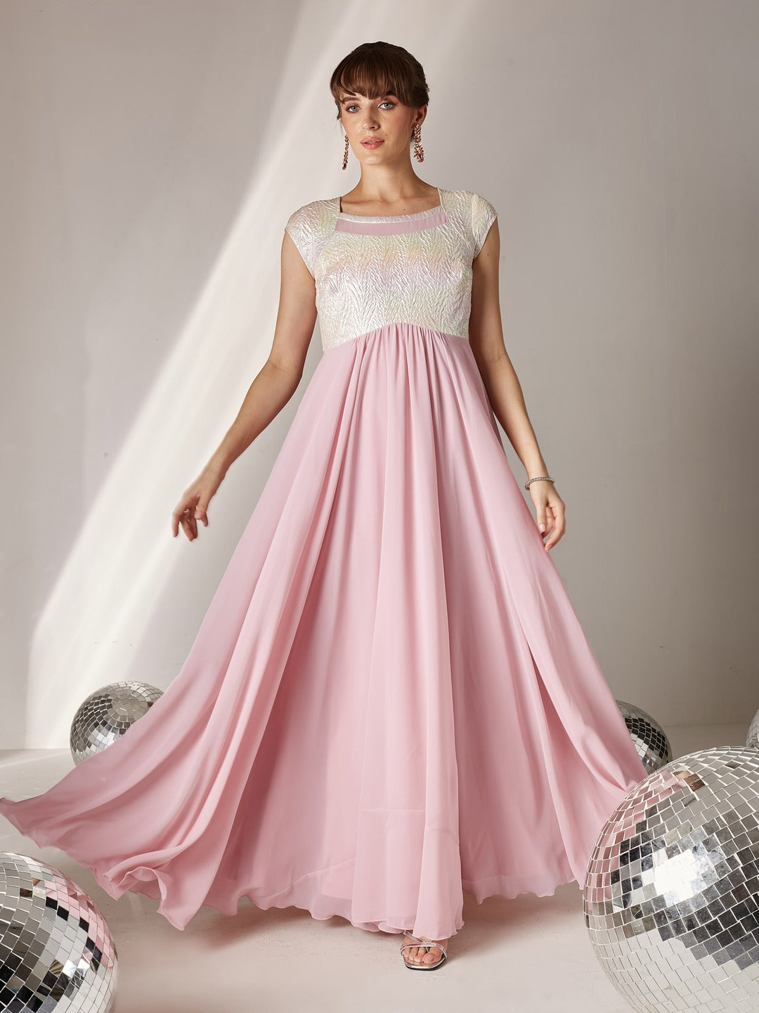 Dusty Pink Round Neck Raglan Sleeve Self-Designed Fit & Flare Georgette Maxi Dress for Women