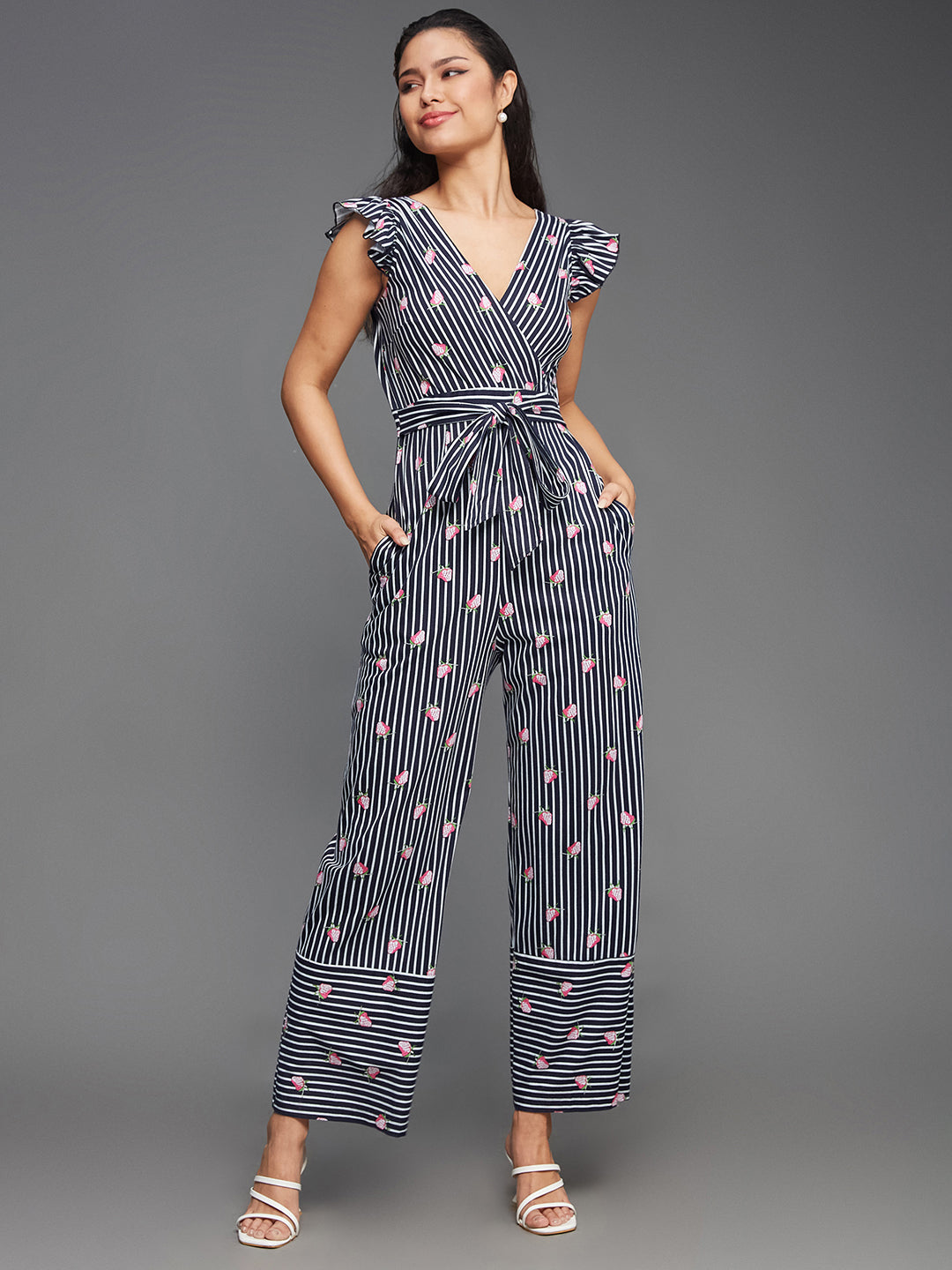 Women's Multicolored-Base-Navy V-Neck Cap Sleeve Striped Waist Tie-Up Pure Cotton Regular-Length Jumpsuit