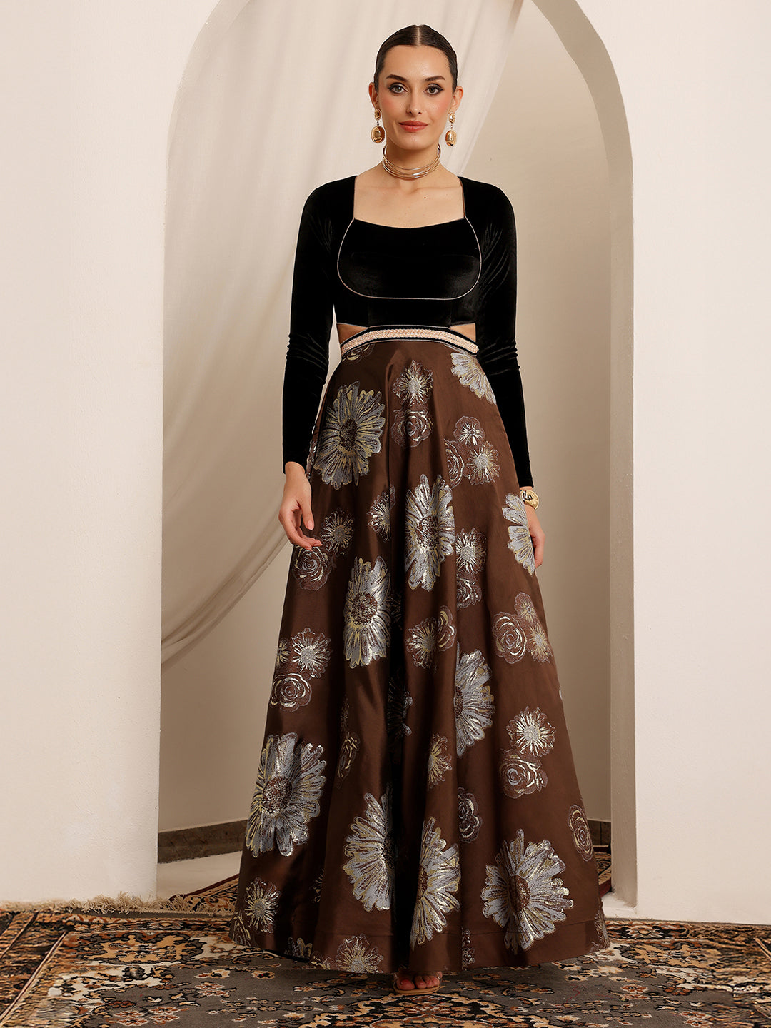 Raas Avi Brown Choli-Cut Floral Cut-Out Maxi Dress