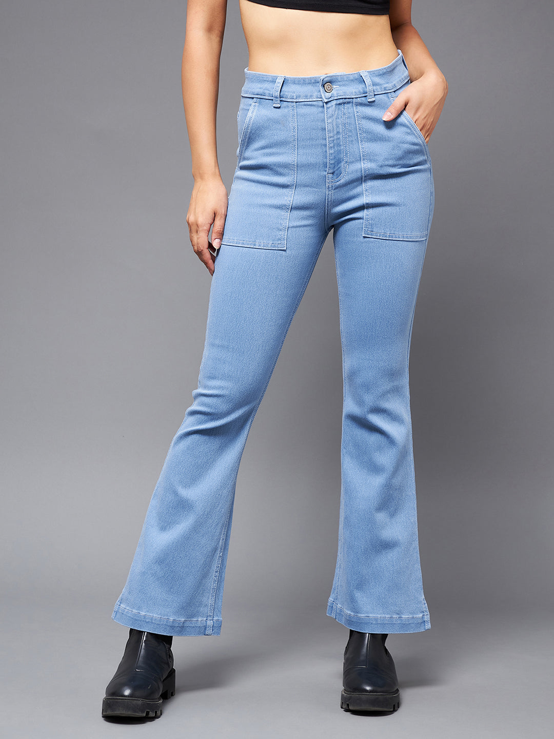 24/7 Comfort Light Blue Bell-Bottom Bootcut High-Rise Stretchable Denim Jeans