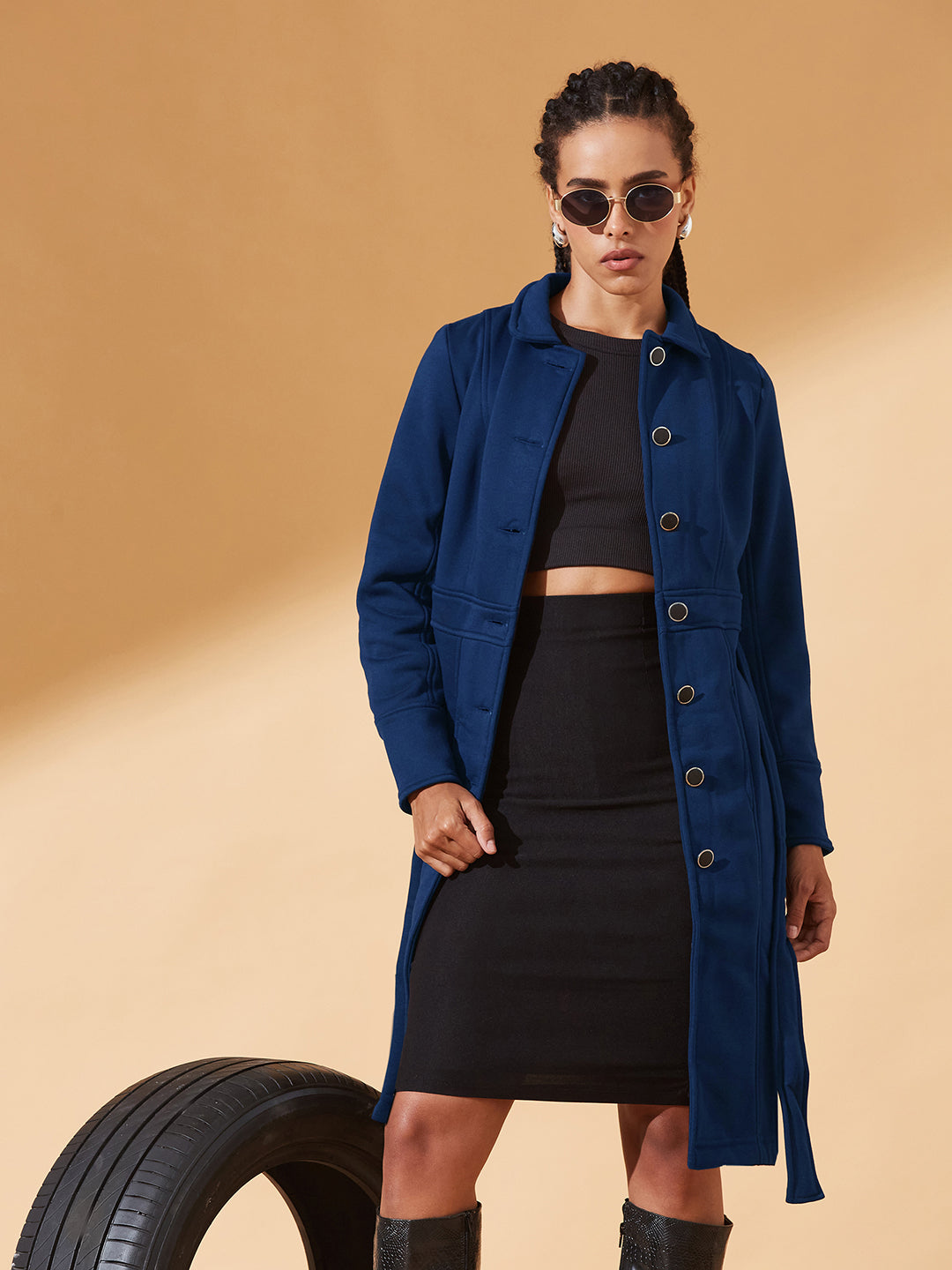 Navy-Blue Collared Full Sleeve Solid Tie-up Longline Jacket for Women