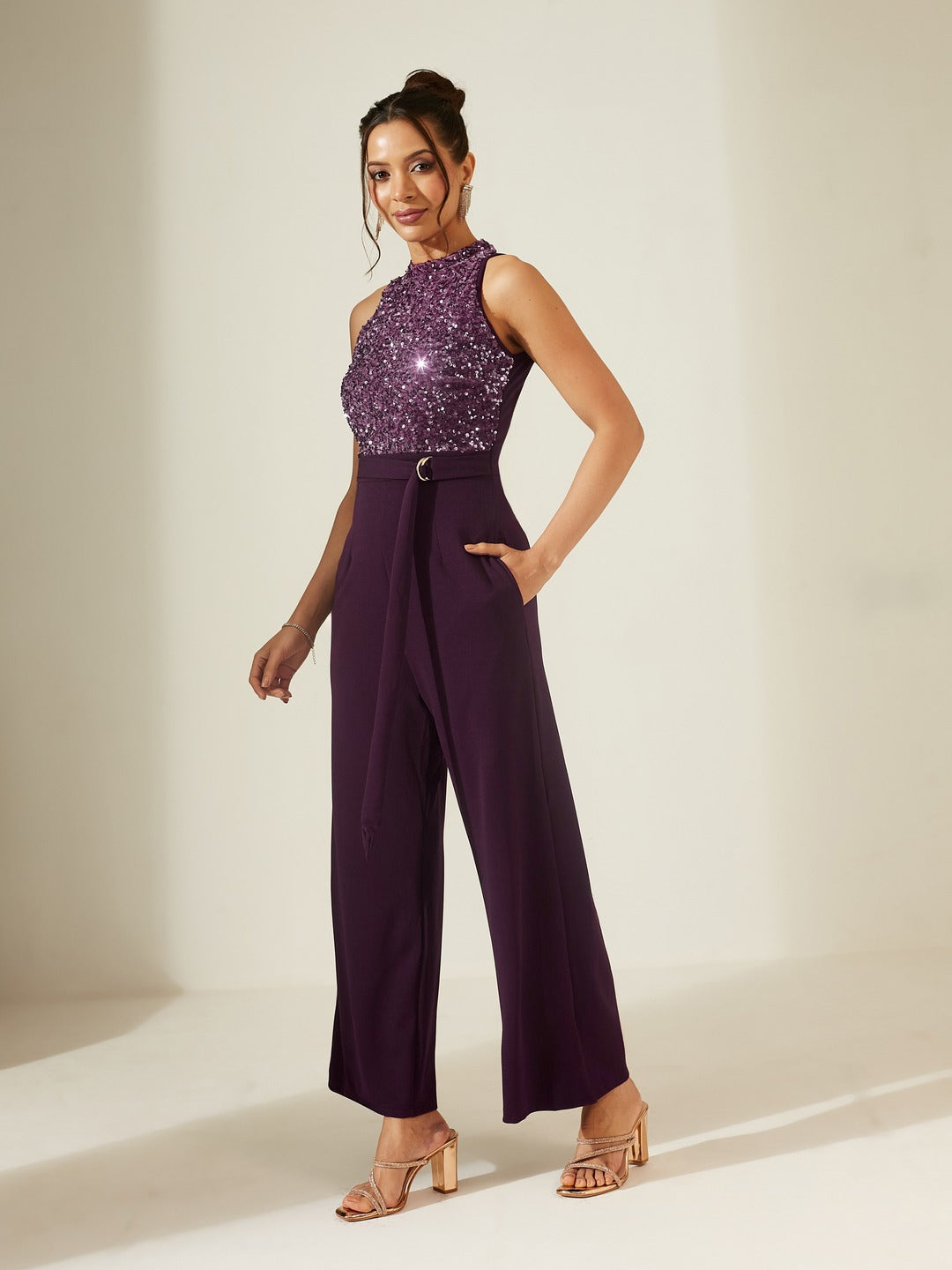 Dark Purple Halter Neck Sleeveless Embellished Jumpsuit for Women