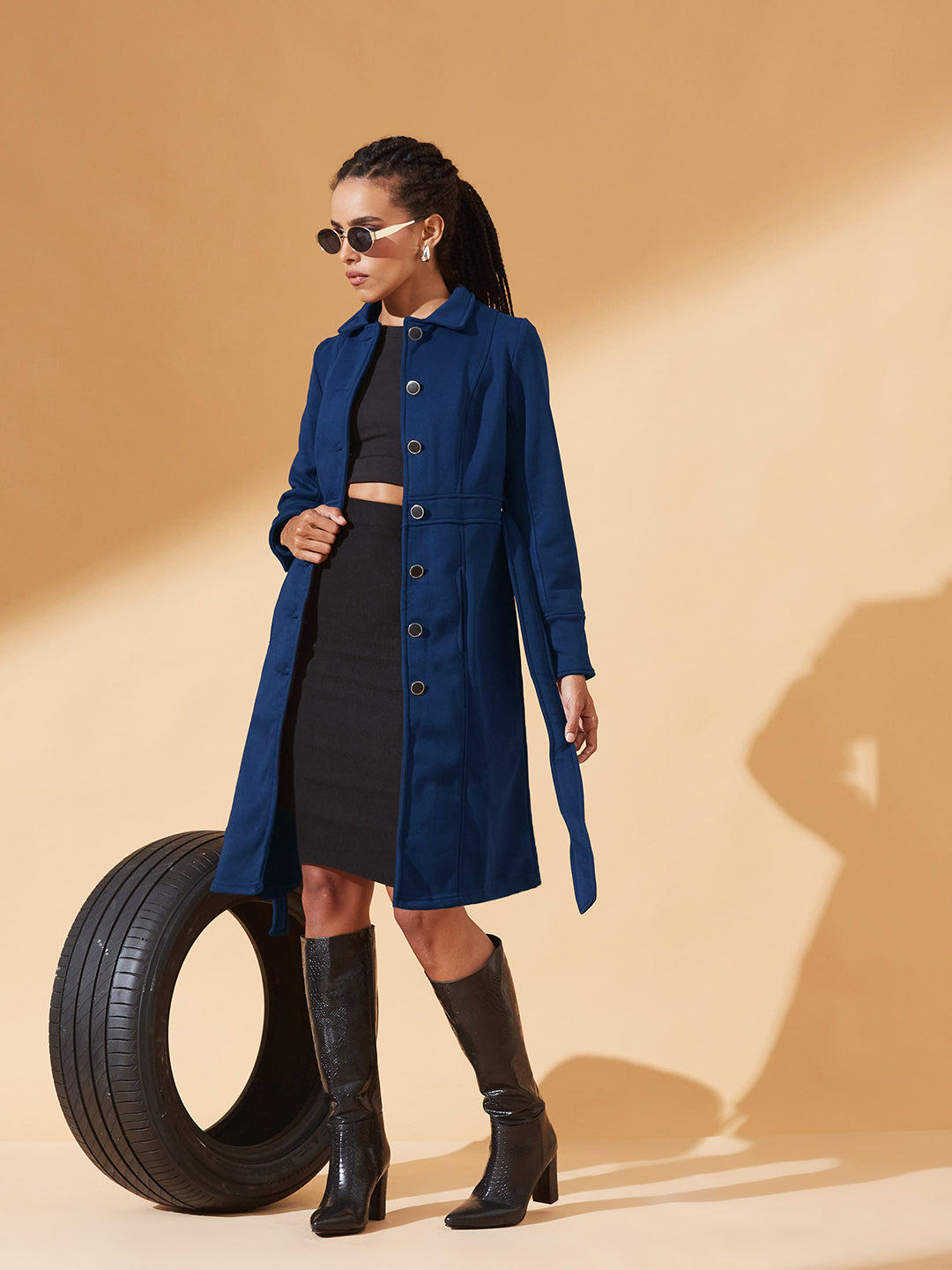 Navy-Blue Collared Full Sleeve Solid Tie-up Longline Jacket for Women