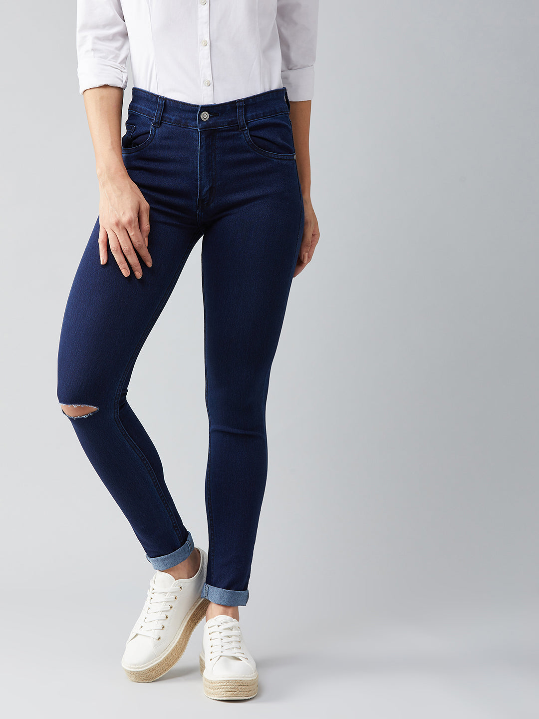Women's Navy-Blue Skinny-Fit Mid-Rise Knee-Slit Stretchable Denim Jeans